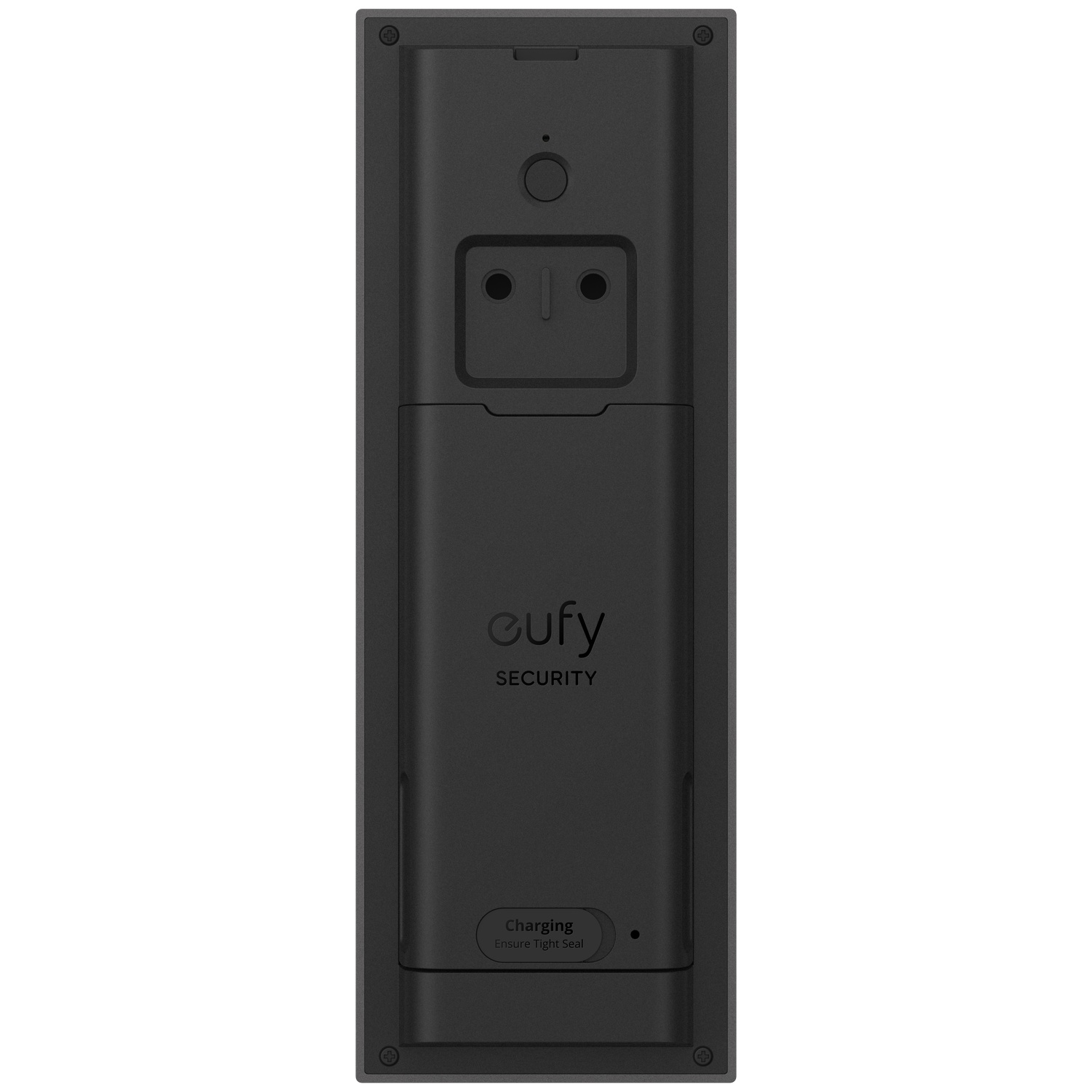 Dos d'une sonnette noire avec logo Eufy et instruction de charge.