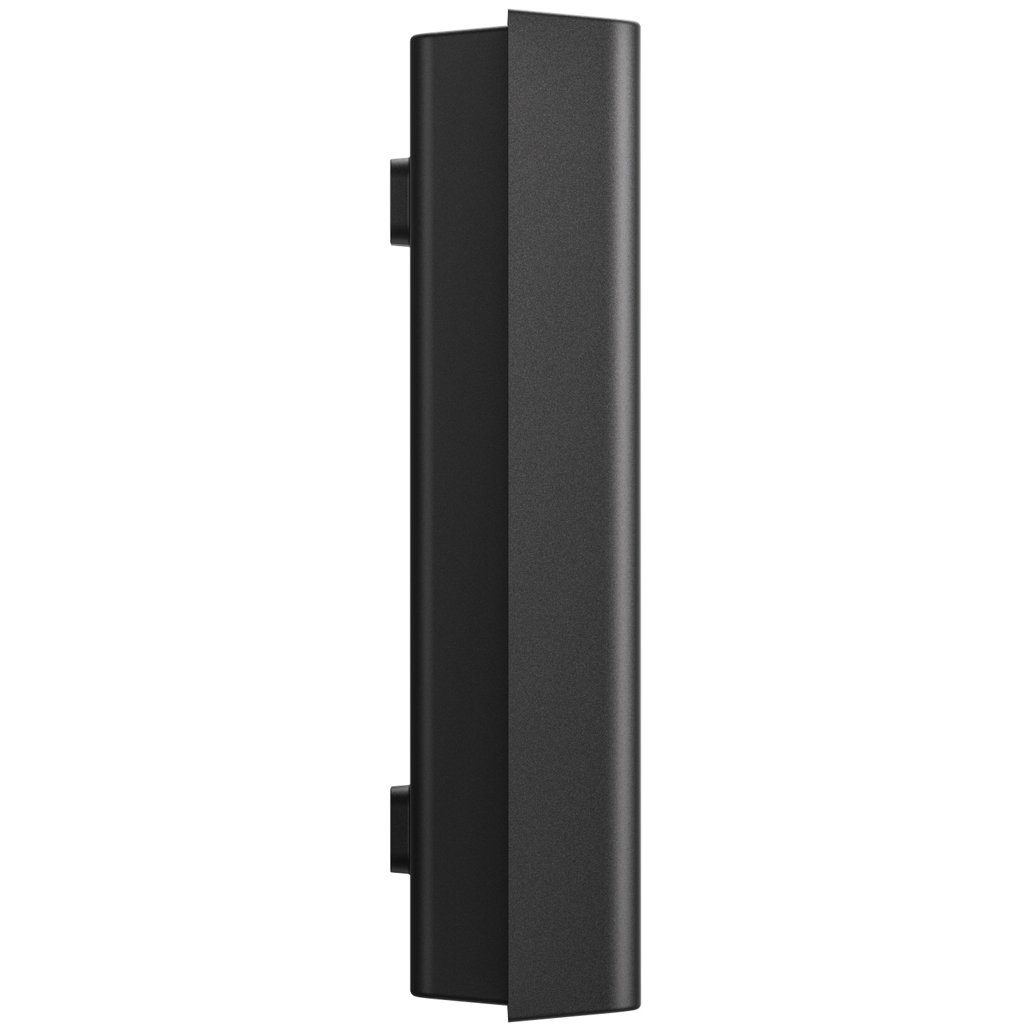 Objet rectangulaire noir aux bords arrondis sur fond blanc.