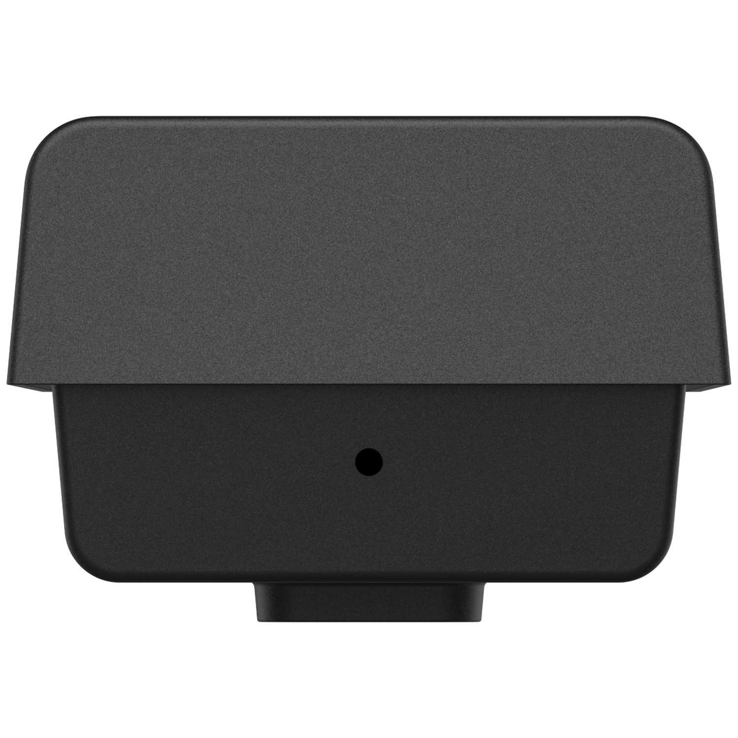 Un appareil rectangulaire noir aux coins arrondis avec une petite ouverture ronde au centre.