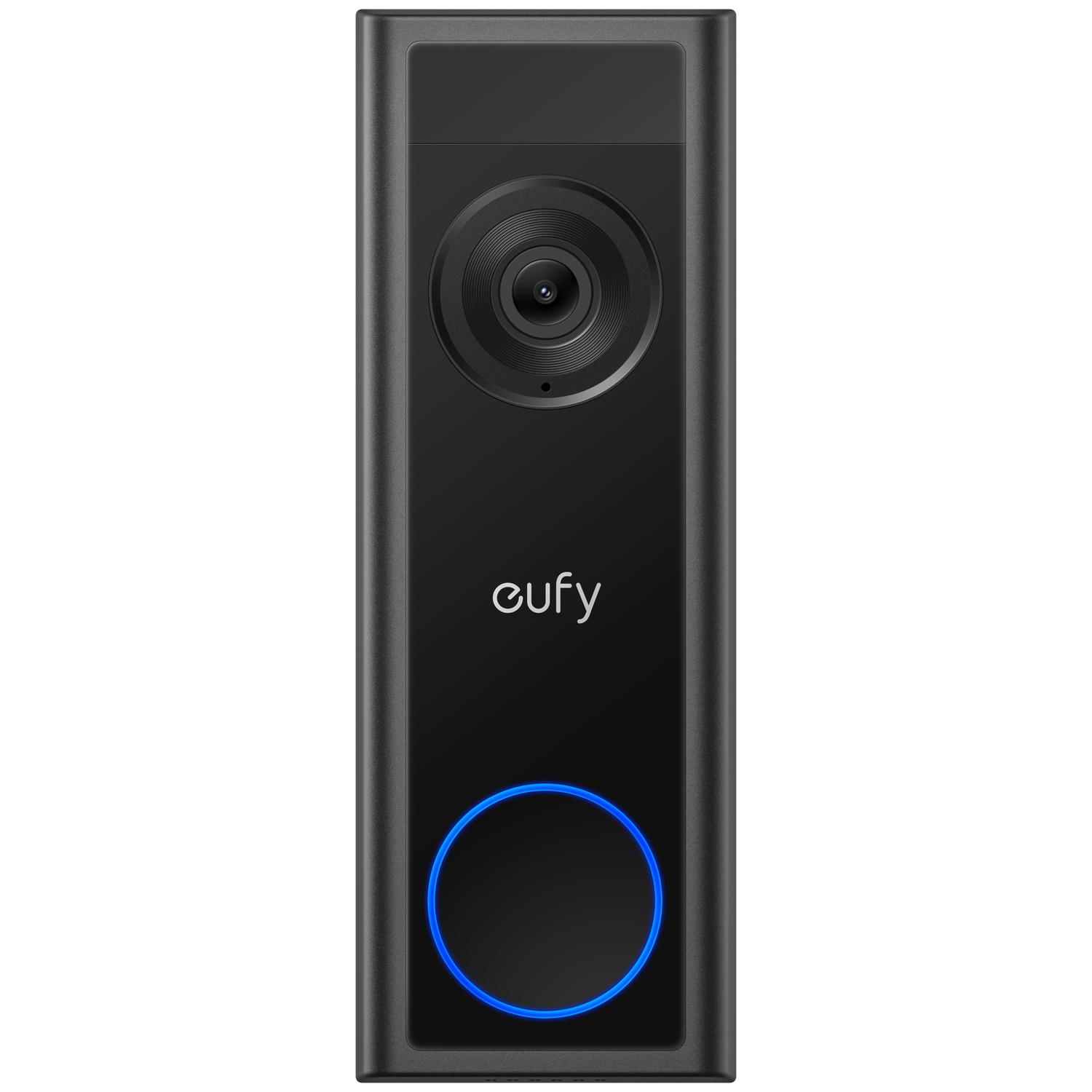 Une sonnette Eufy noire avec caméra et anneau bleu lumineux.