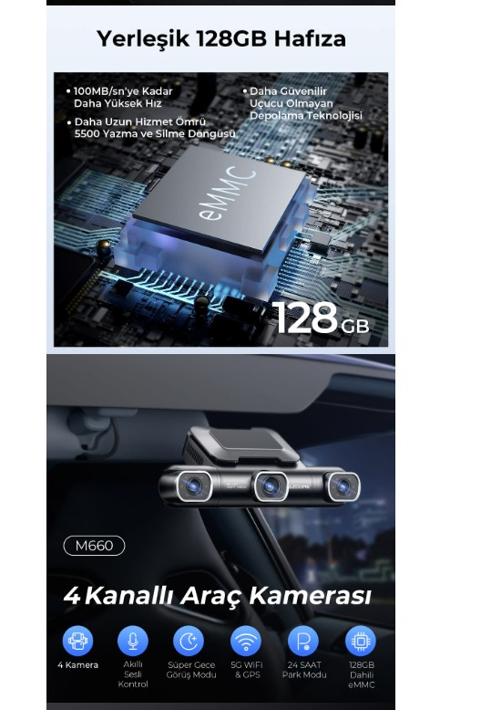 128 GB eMMC depolama çipi ve gece görüşlü 4 kanallı araç kamerası.