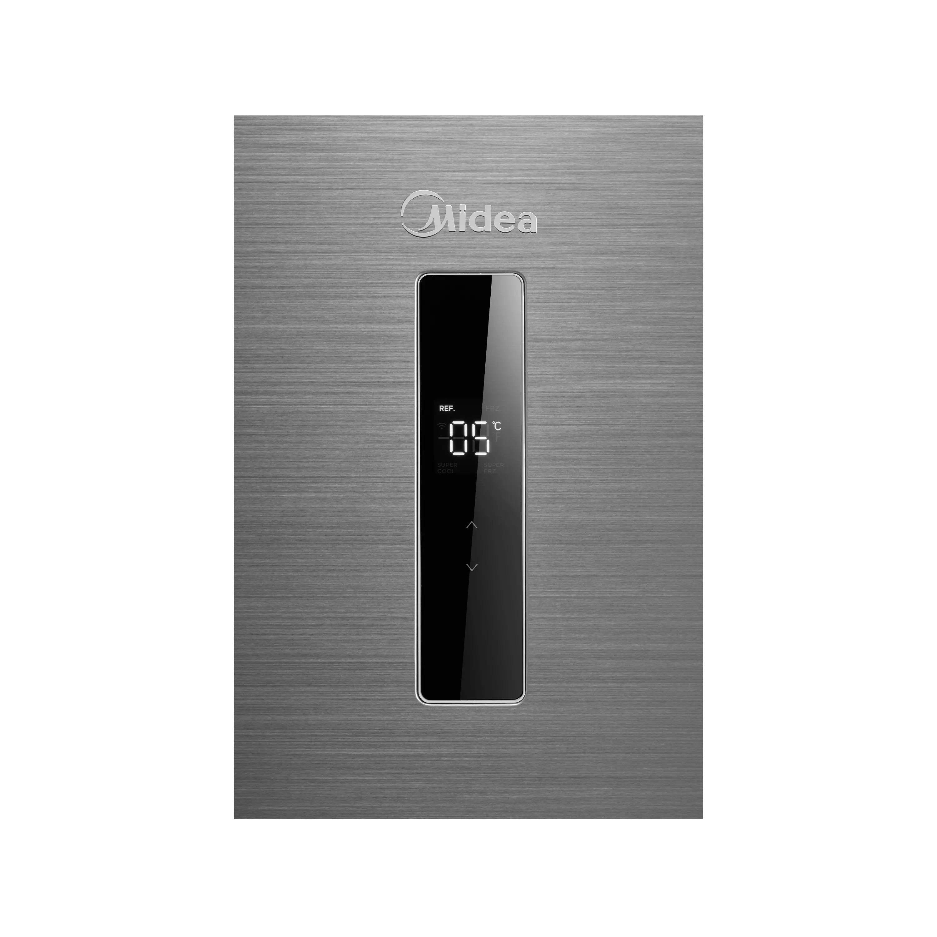 Midea Logo über einem digitalen Display mit Temperaturanzeige 05 Grad Celsius.