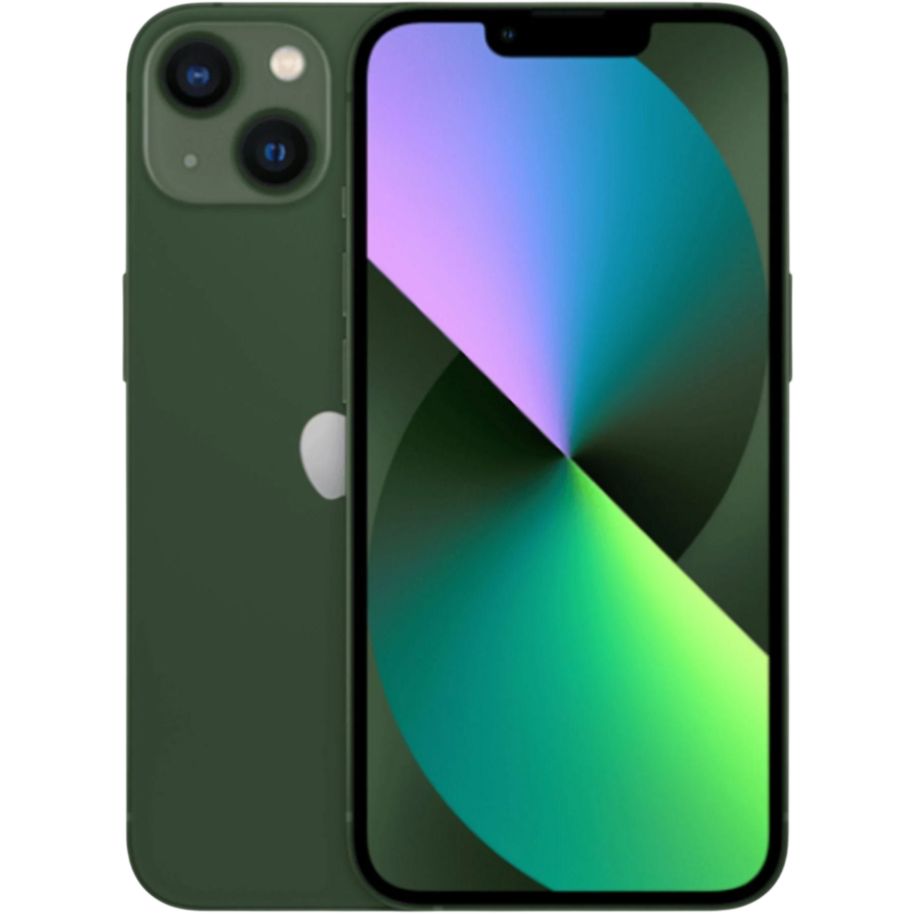 İki kameralı koyu yeşil iPhone, renkli arka planlı.