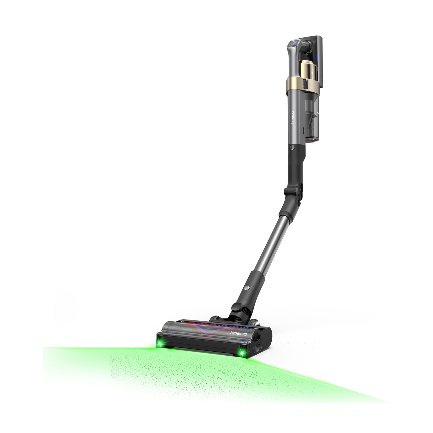 Un aspirapolvere senza fili con illuminazione a LED verde sulla spazzola.