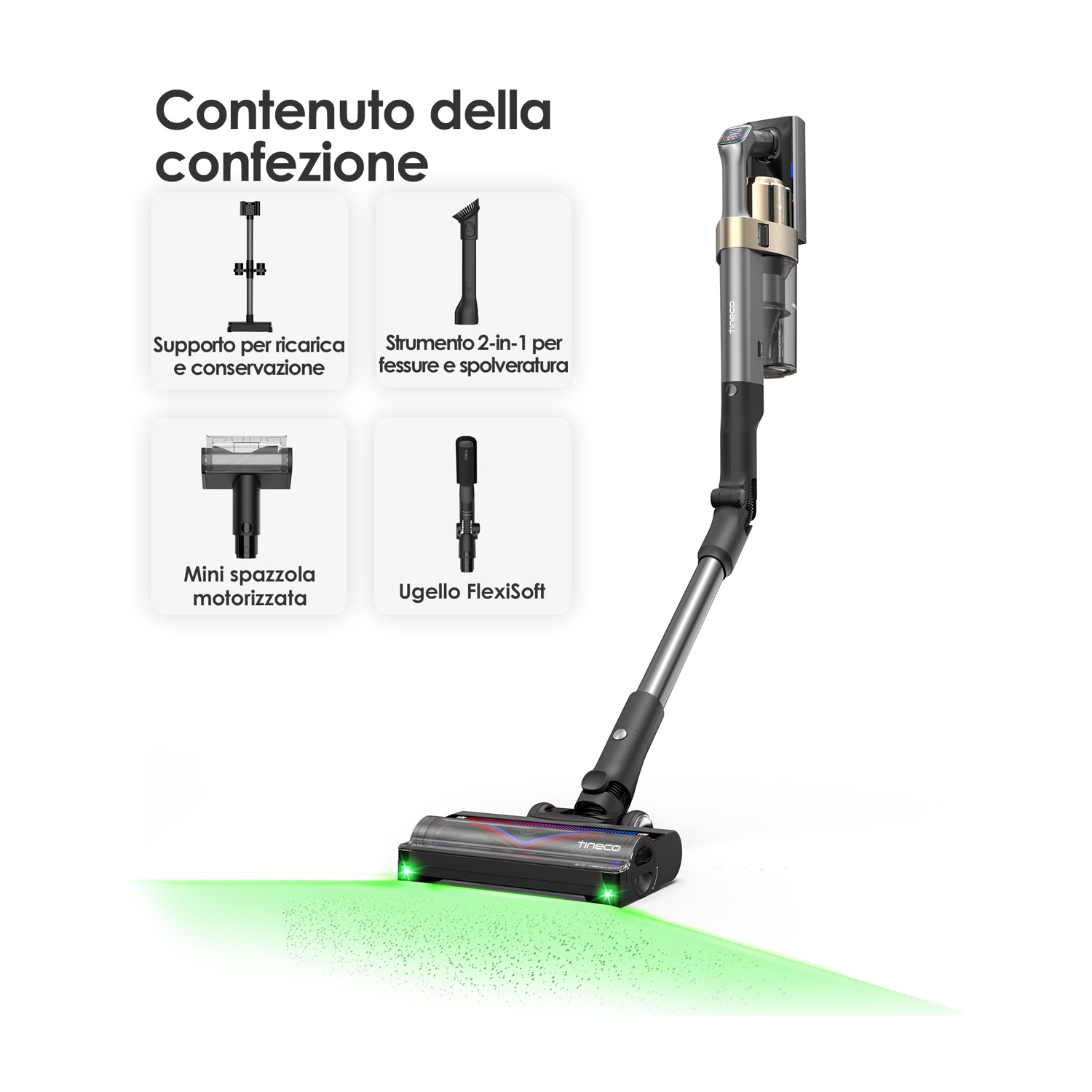 Aspirapolvere senza fili con accessori: base di ricarica, bocchetta a lancia, mini spazzola.