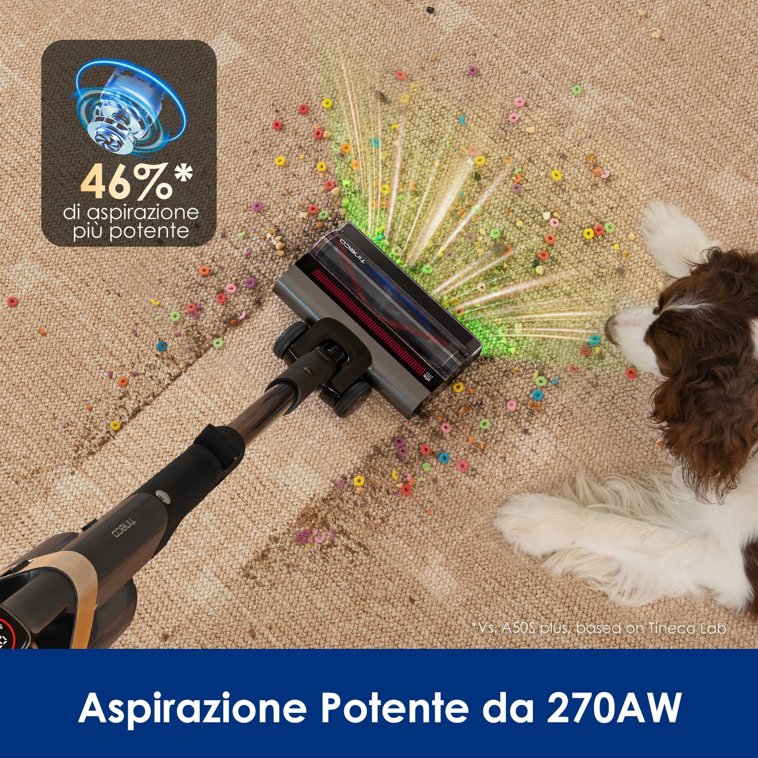 Aspirapolvere aspira detriti colorati su tappeto. Cane giace vicino.
