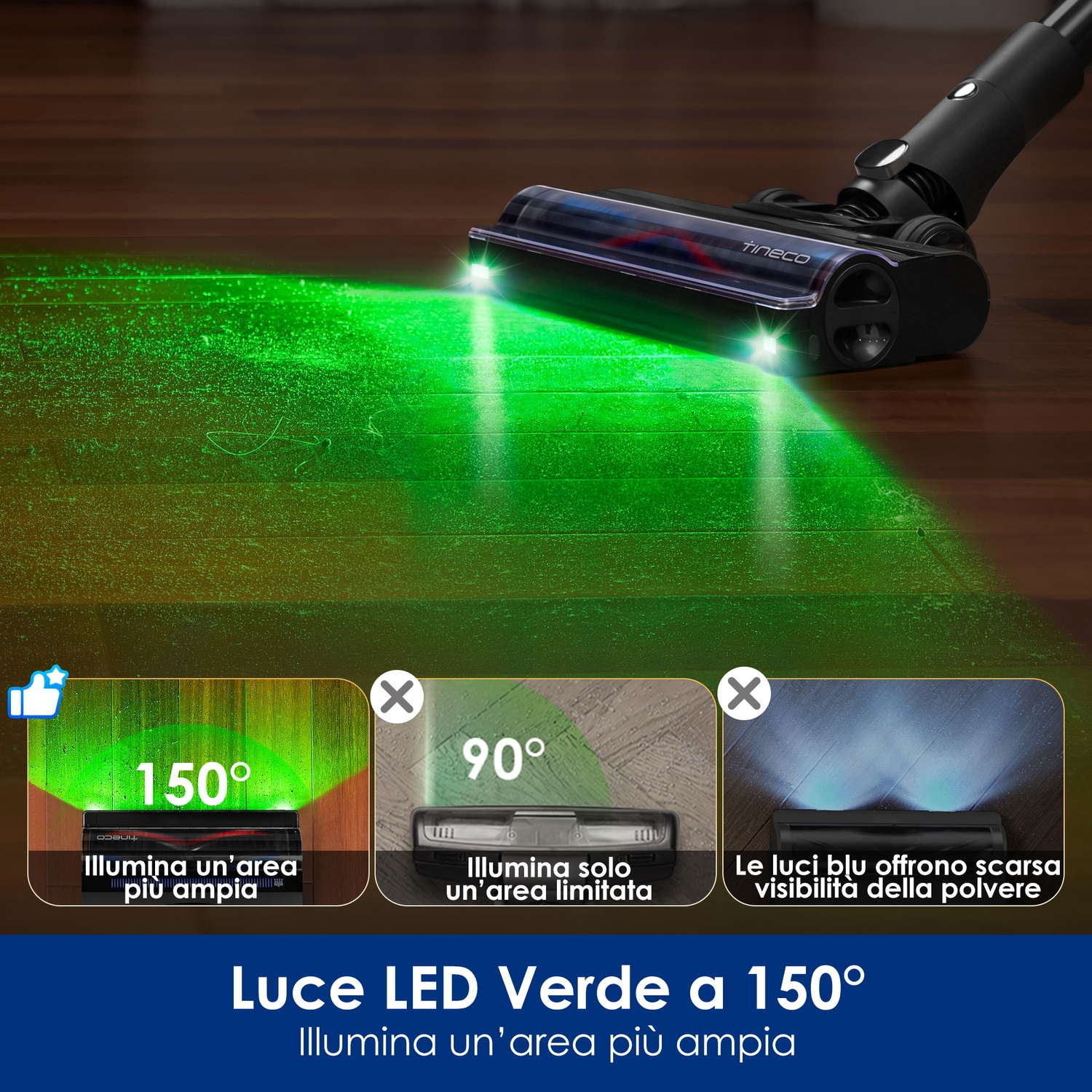 Un aspirapolvere con illuminazione LED verde su pavimento in legno.