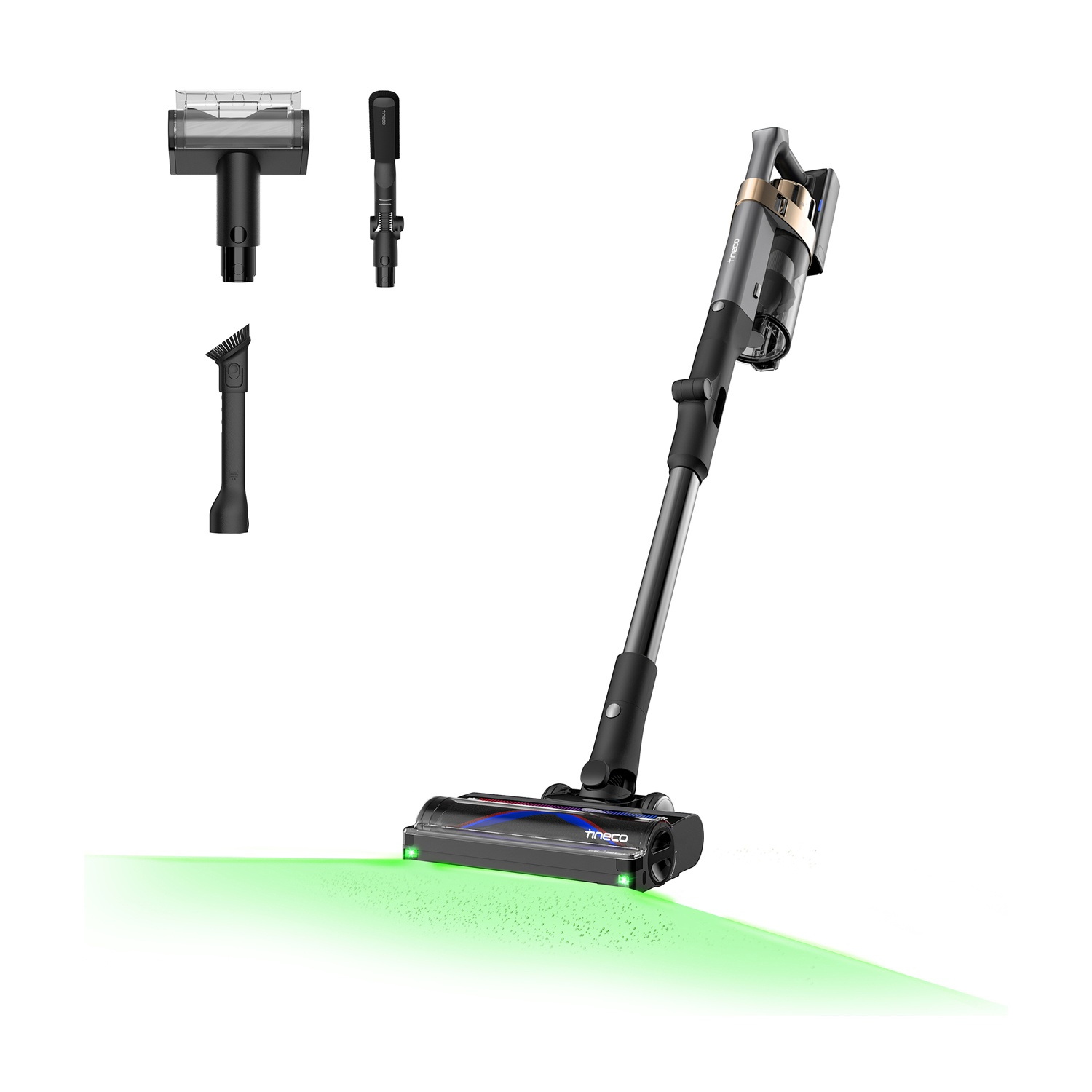 Aspirapolvere senza fili con accessori e luce LED verde sul pavimento.