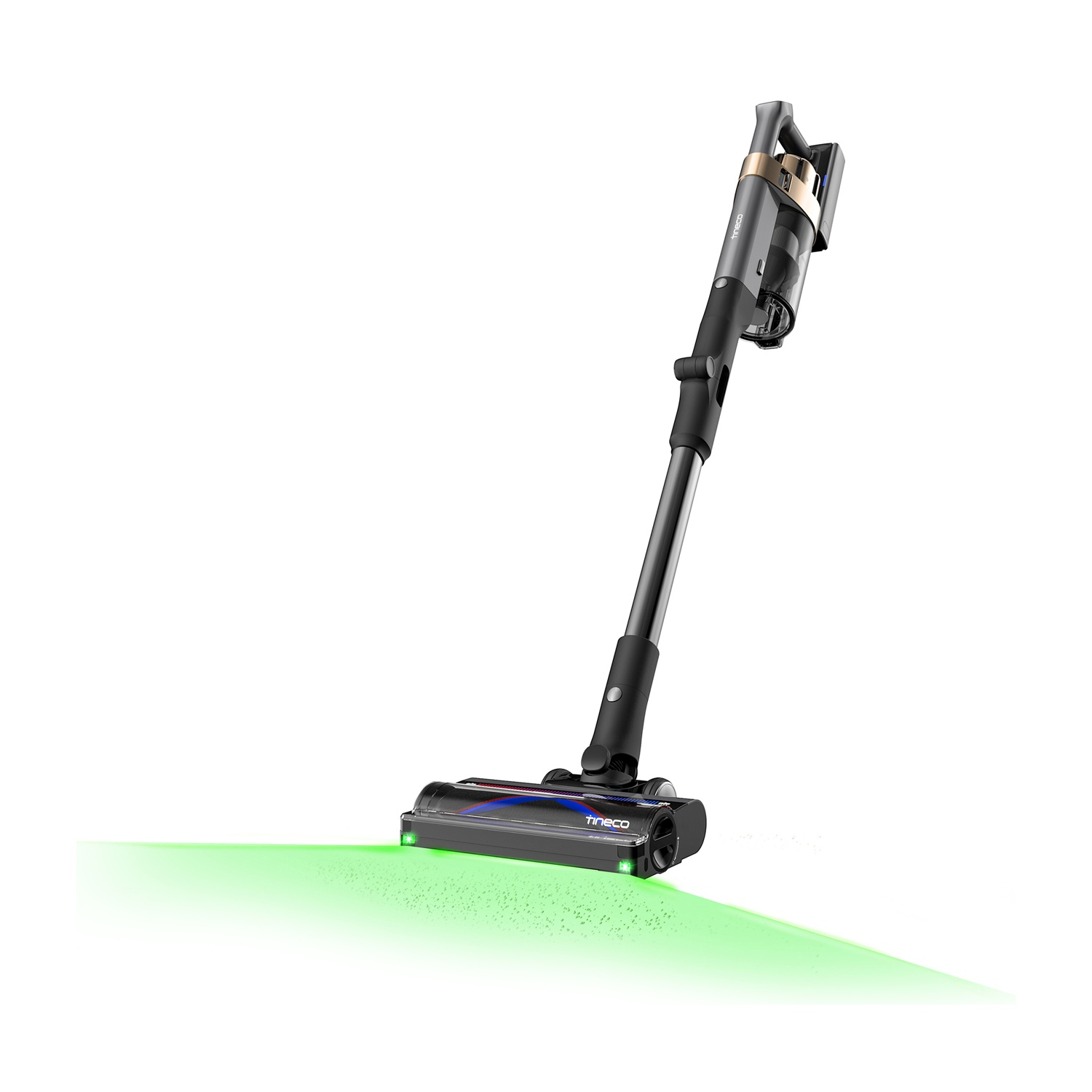 Un aspirapolvere senza fili con un raggio di luce verde sul pavimento.