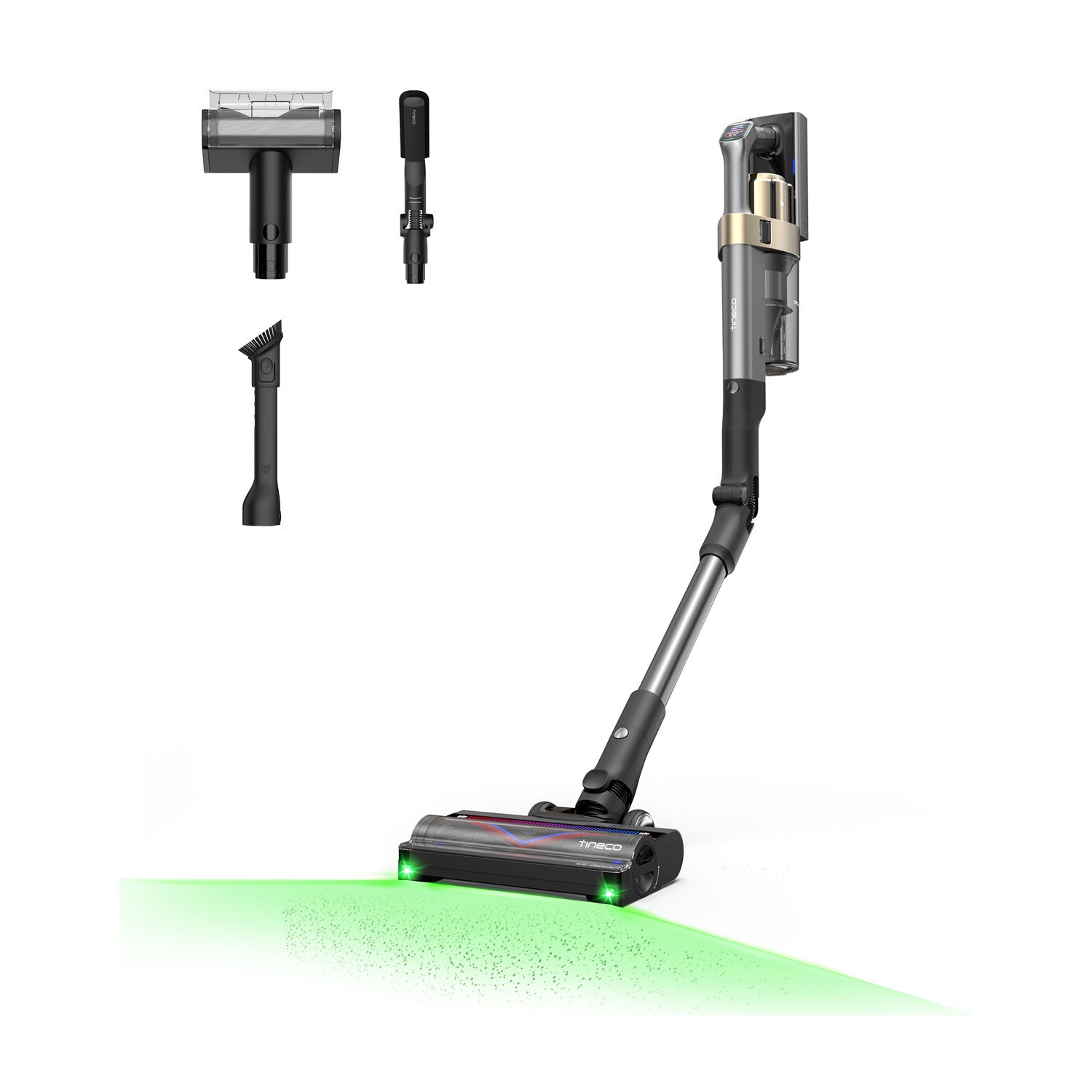 Un aspirapolvere senza fili con luci LED verdi e accessori.