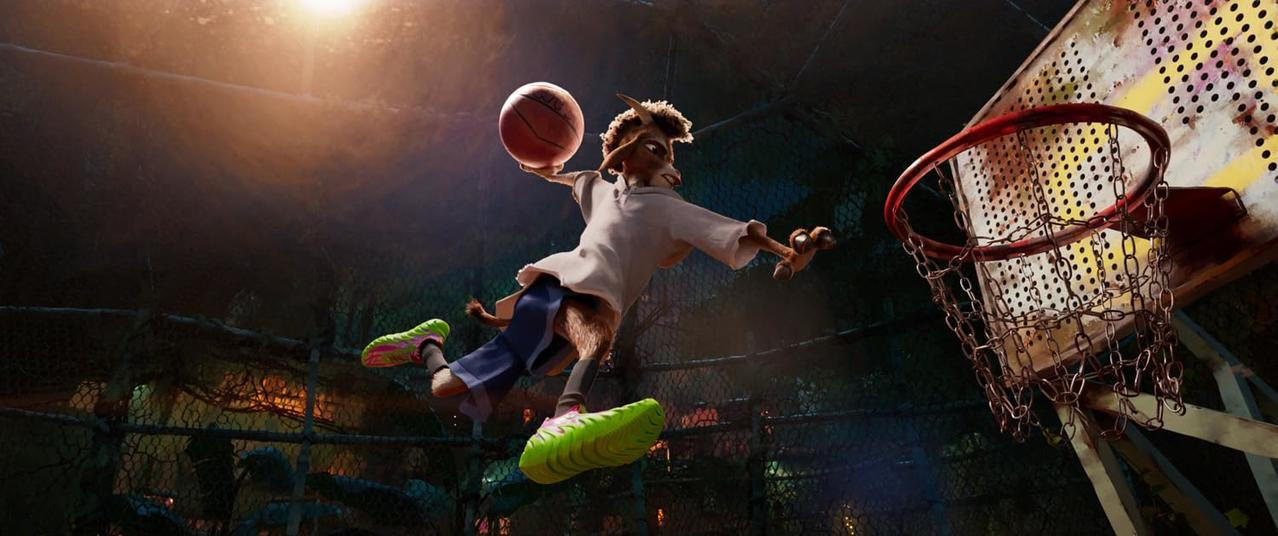 Eine Cartoon-Ziege in der Luft, hält einen Basketball, kurz vor einem Dunking auf einen Korb mit Kettennetz.