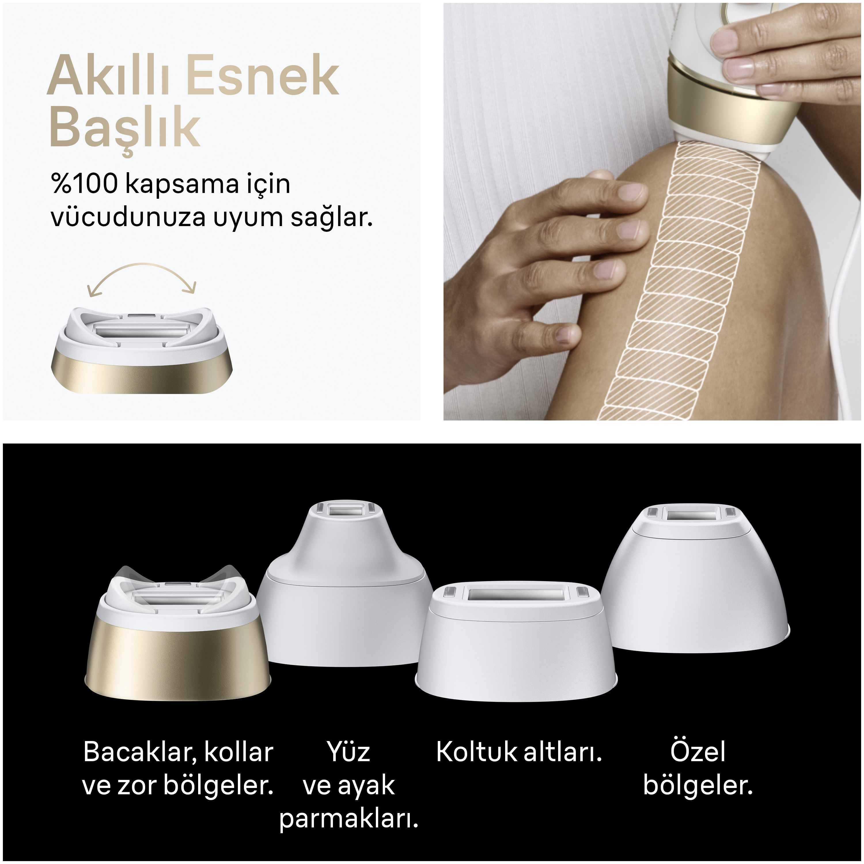 Farklı vücut bölgeleri için aparatlara sahip cihaz, beyaz ve siyah arka plan üzerinde.