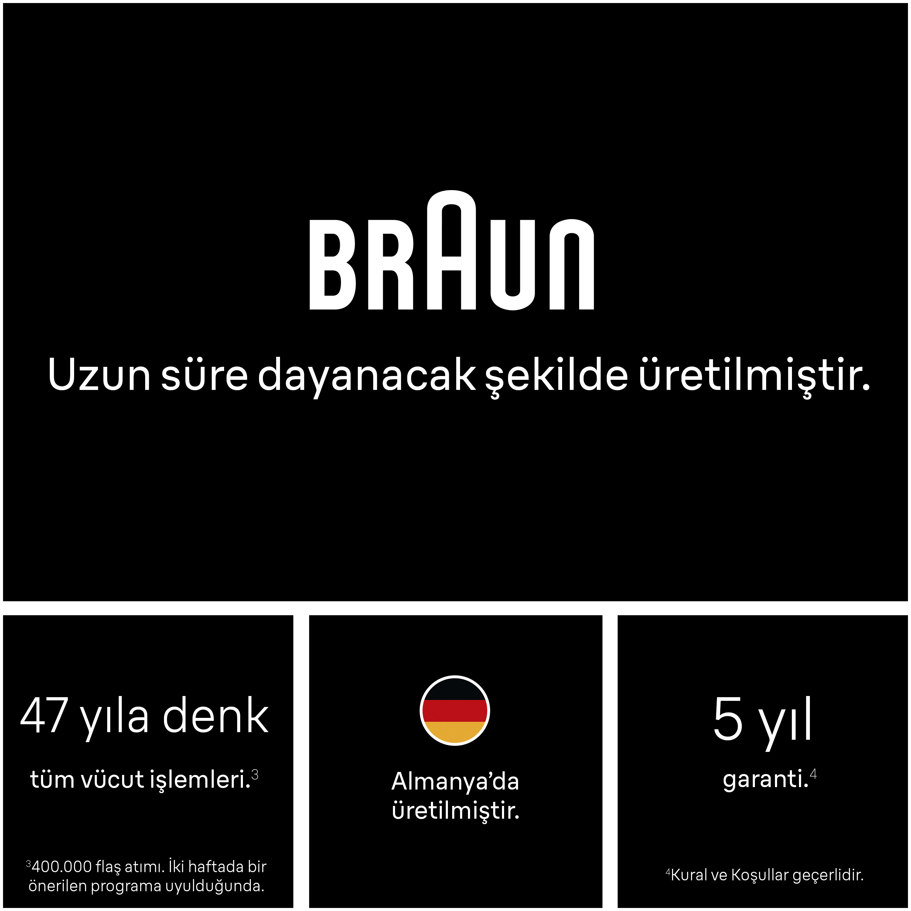Braun logosu, "Uzun süre dayanacak şekilde üretilmiştir" yazısı. 47 yıl, Almanya'da üretilmiştir, 5 yıl garanti.