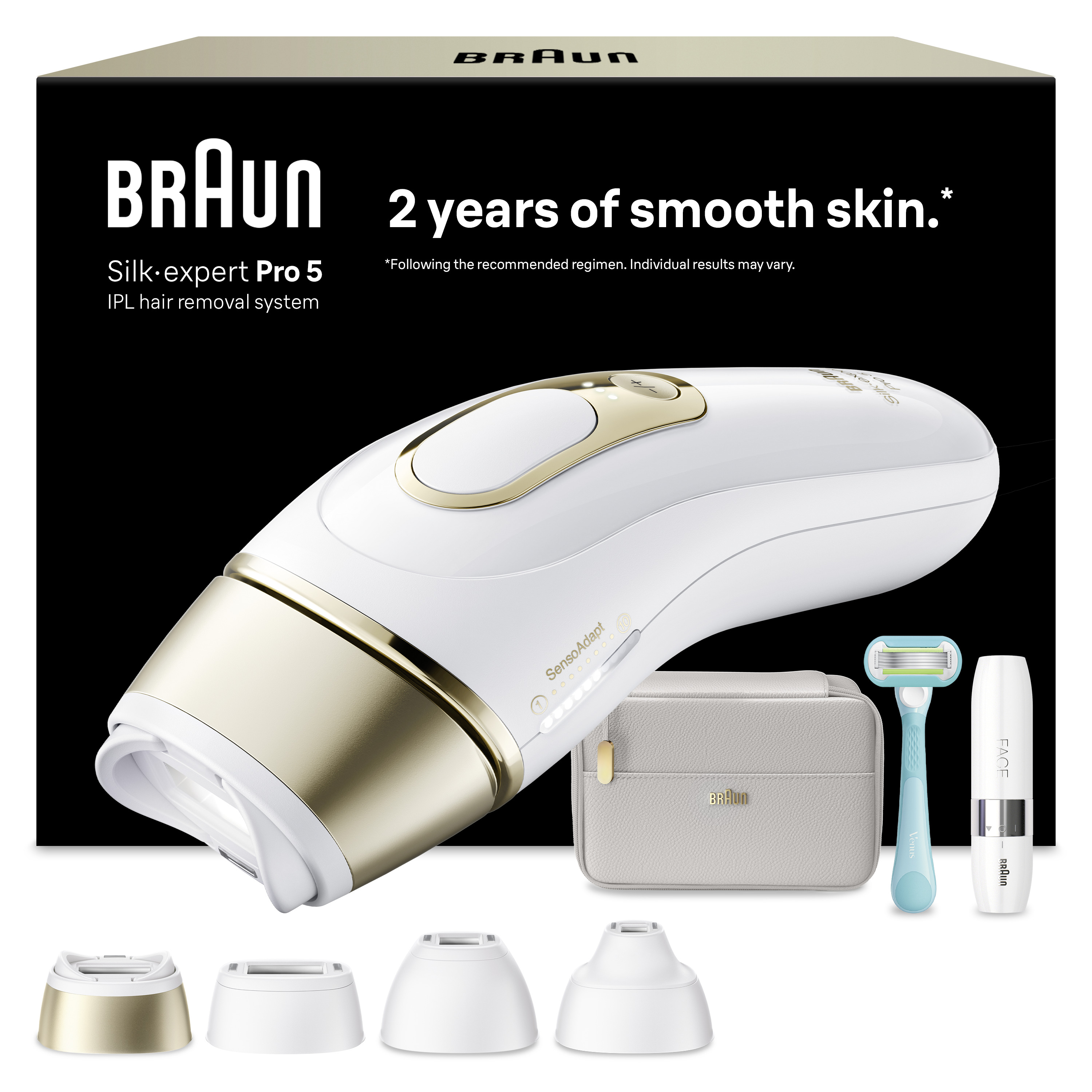 Braun IPL tüy dökücü, aksesuarlar: tıraş bıçağı, kese ve başlıklar.