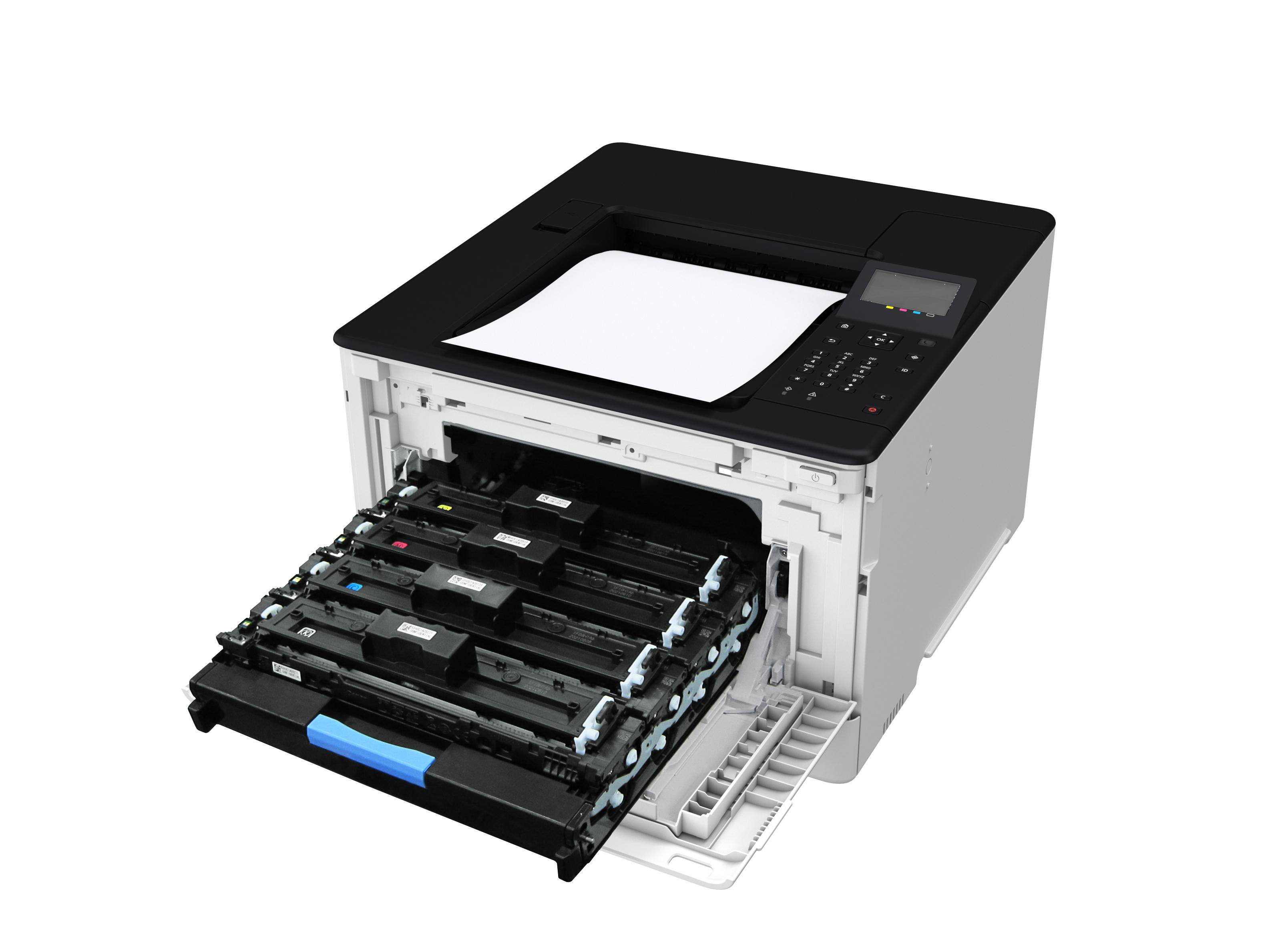 Ein Laserdrucker mit ausgefahrener Schublade, die mehrere Farbtonerkartuschen enthält.