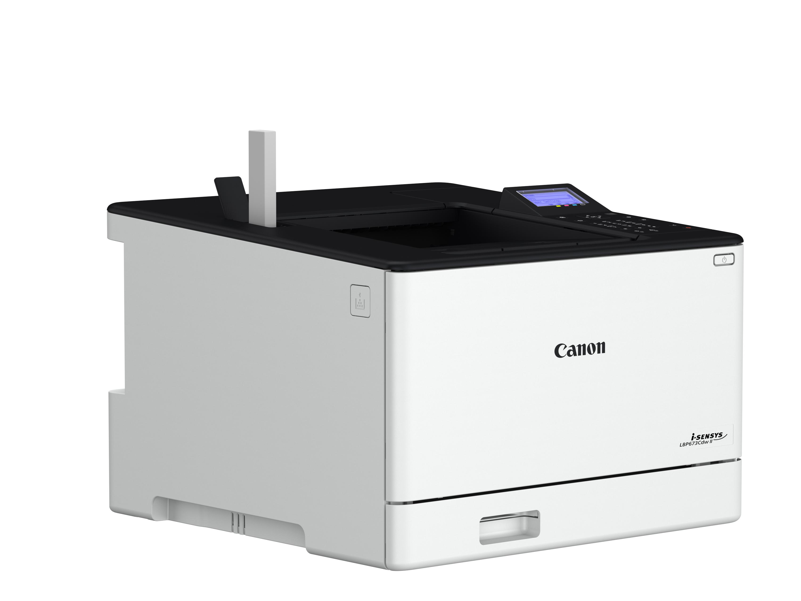 Ein weißer Canon i-SENSYS LBP673Cdw II Laserdrucker mit schwarzem Bedienfeld und Display.