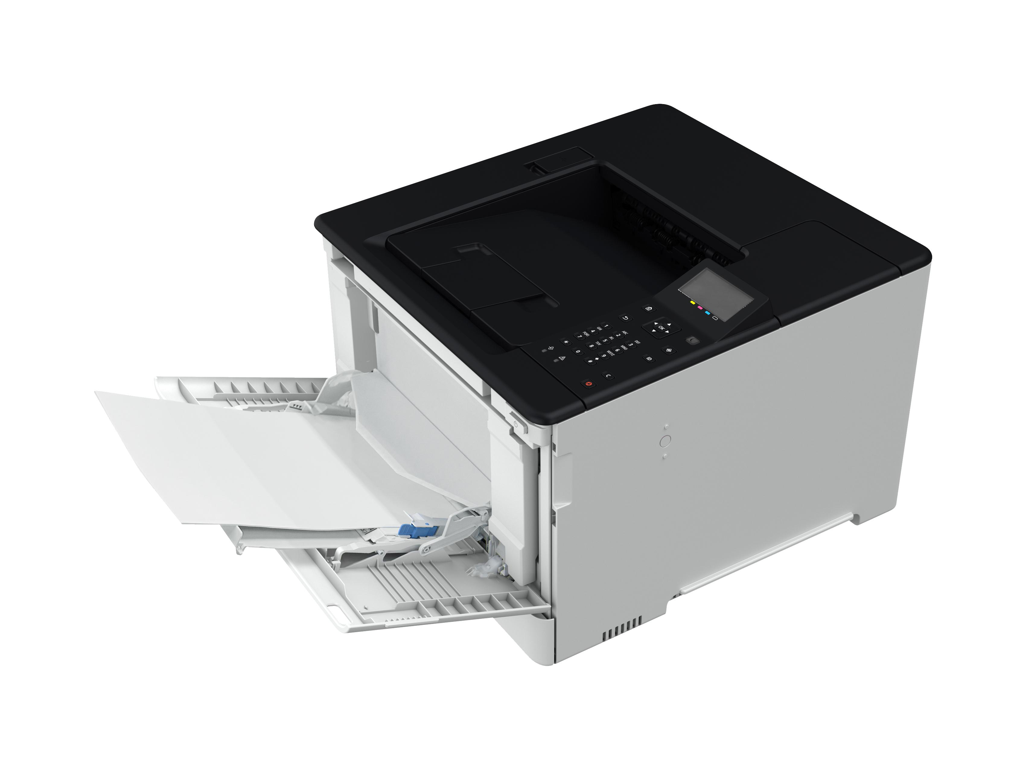 Ein Laserdrucker in Weiß und Schwarz mit ausgefahrener Papierkassette und Papier.