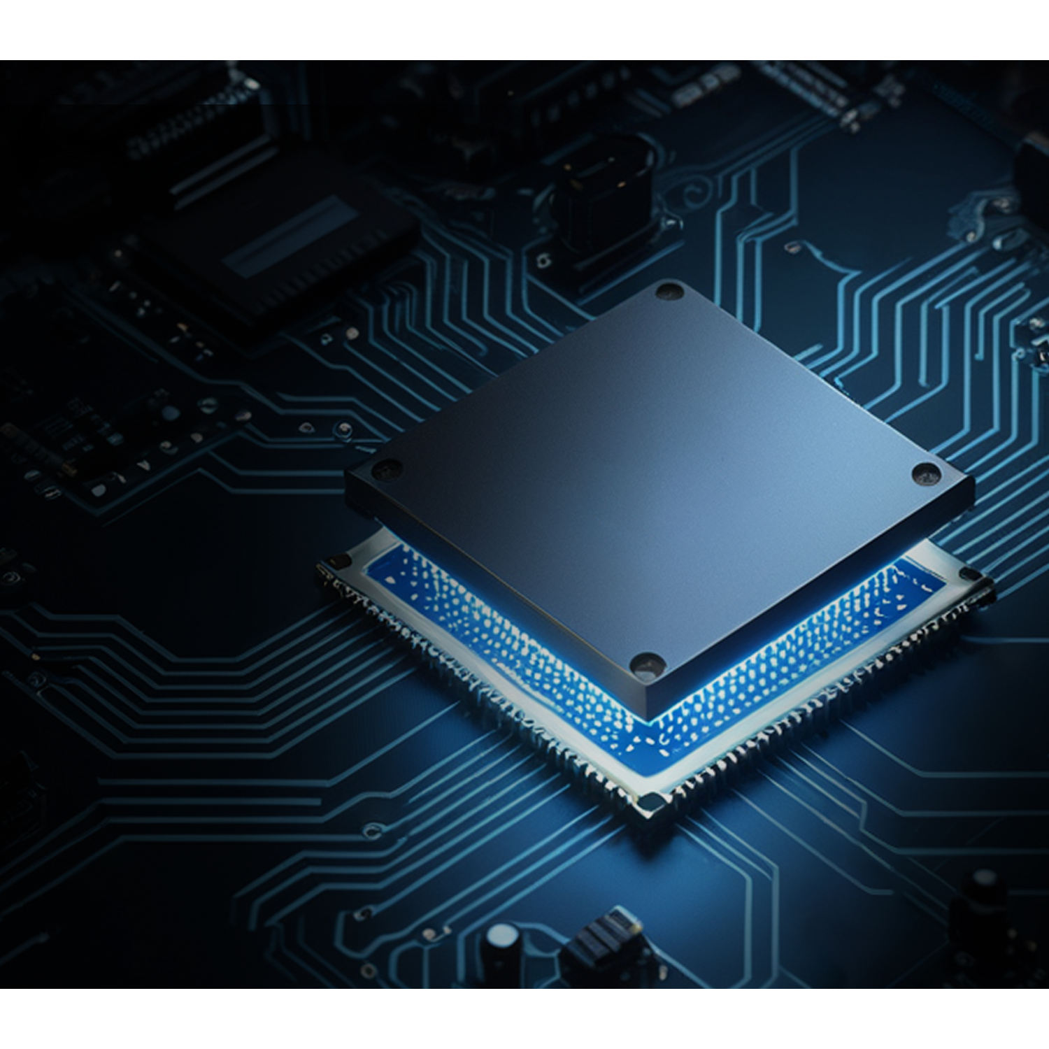Close-up van een blauwe CPU op een donker circuitbord met gloeiende blauwe lijnen.