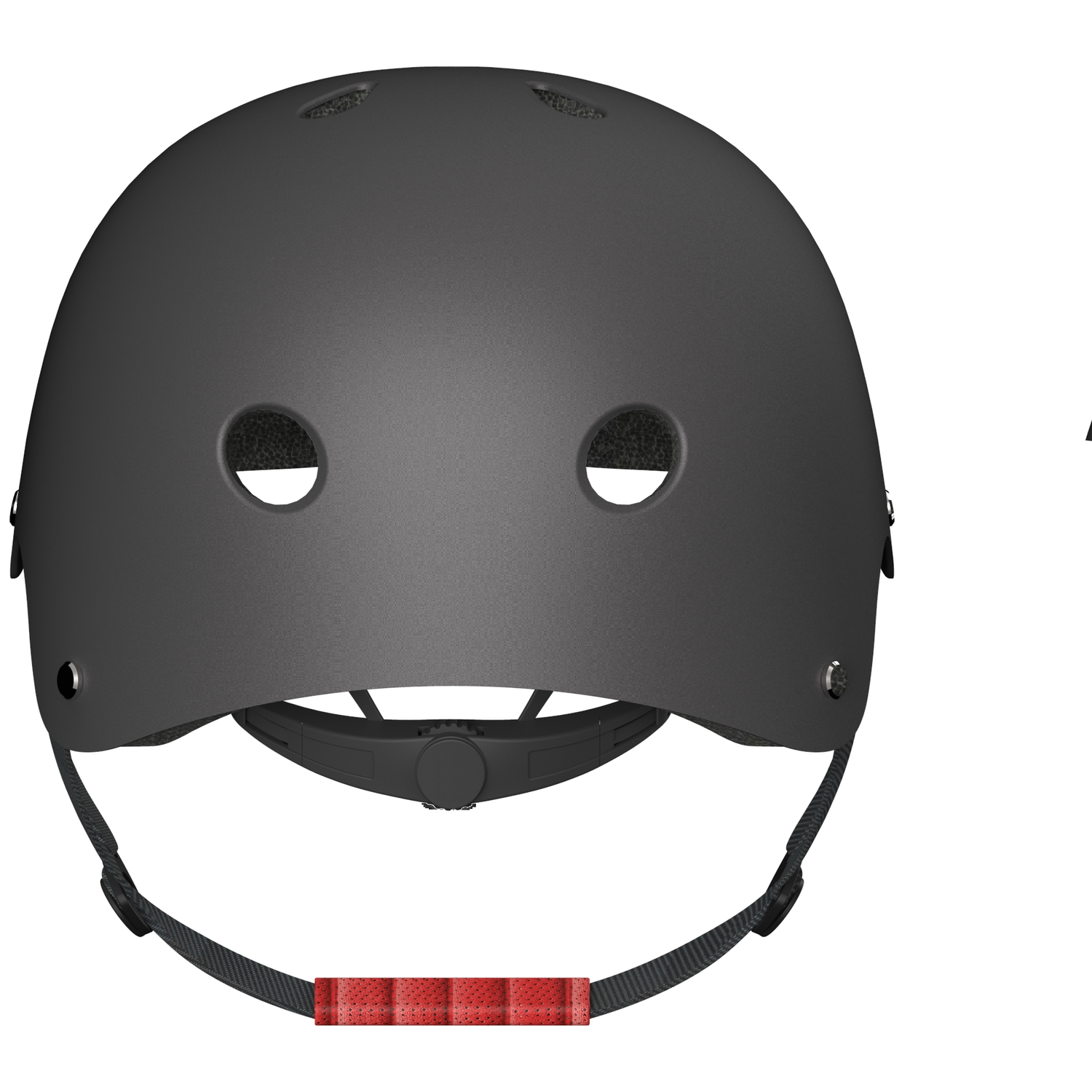Een zwarte helm met ventilatiegaten en rode accenten op de kinband.