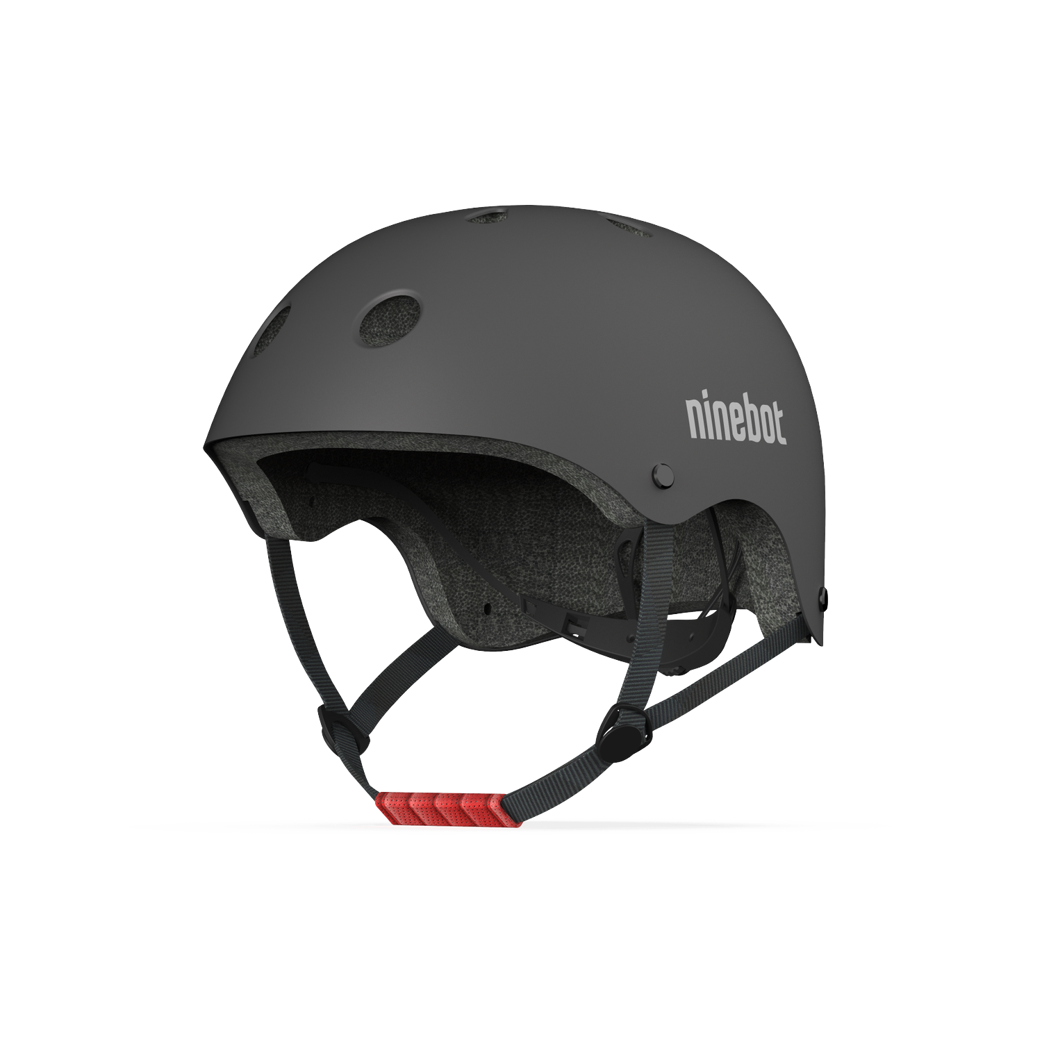 Een donkere helm met rode accenten en het Ninebot-logo.