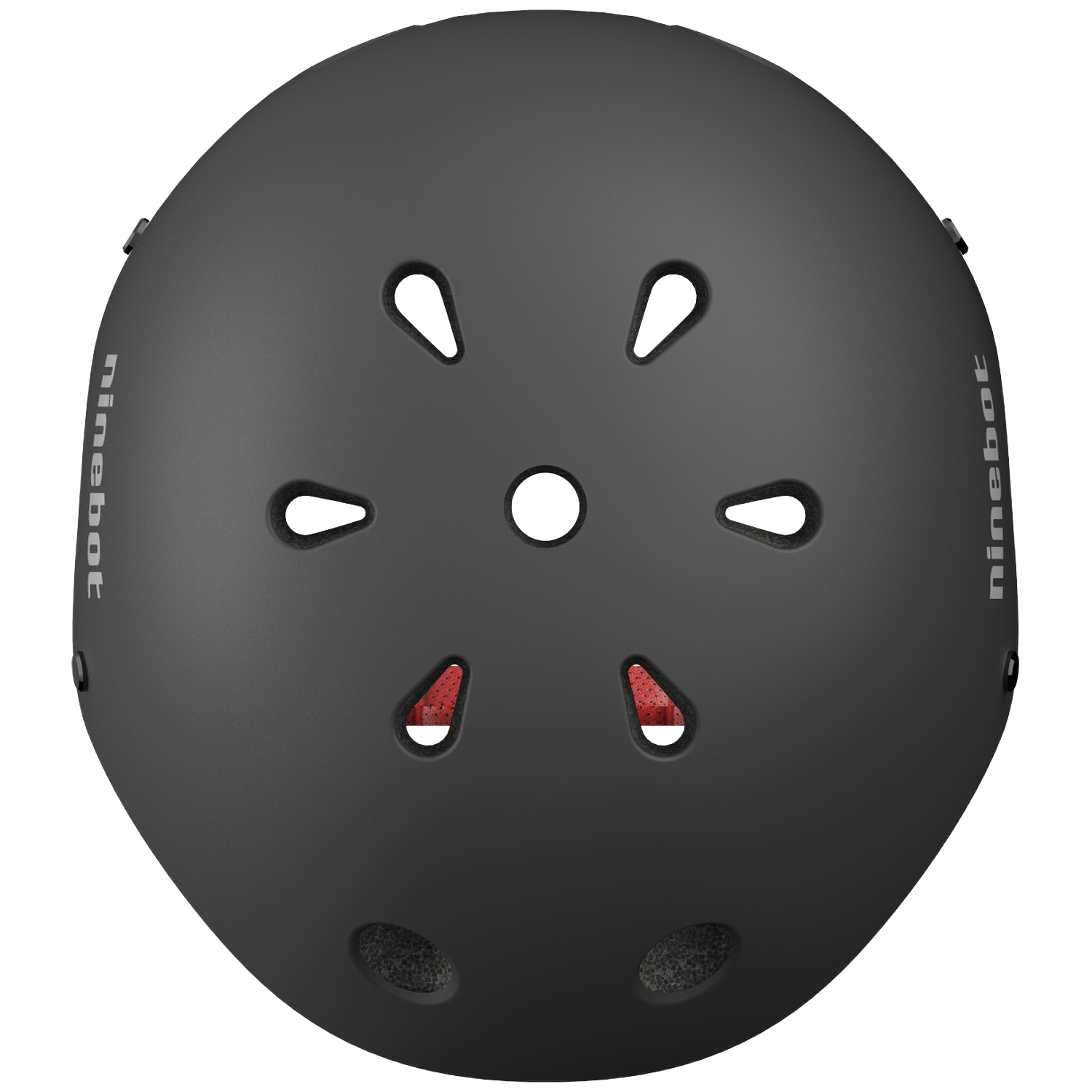 Zwarte helm met ventilatieopeningen en rode inzet.