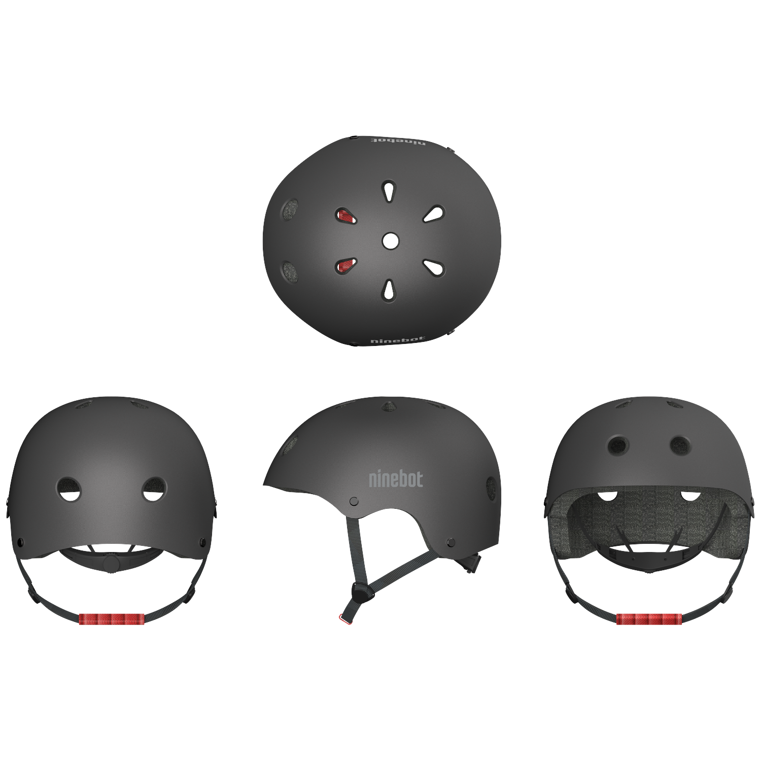 Een grijze helm met rode accenten en ventilatiegaten.