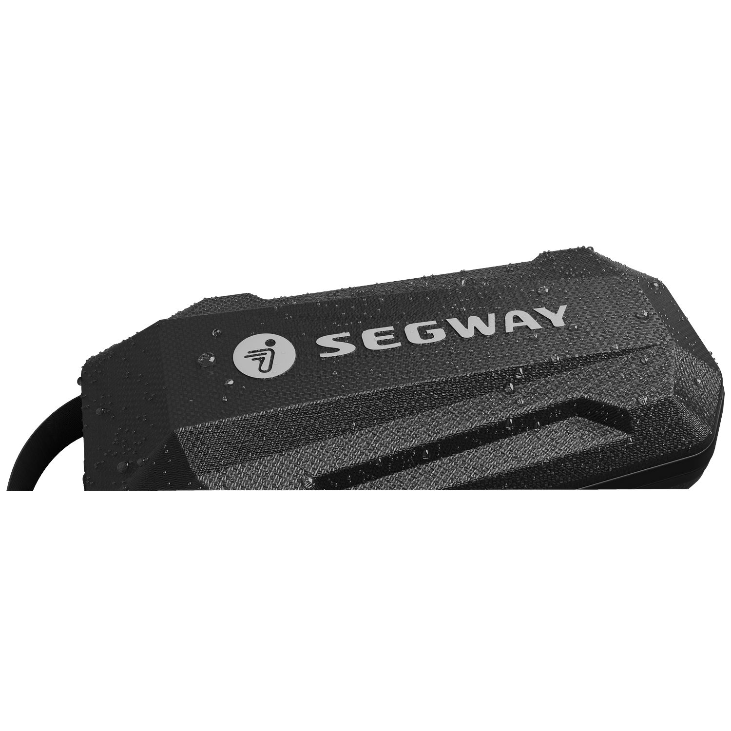 Een zwarte Segway-koffer met waterdruppels en het Segway-logo.