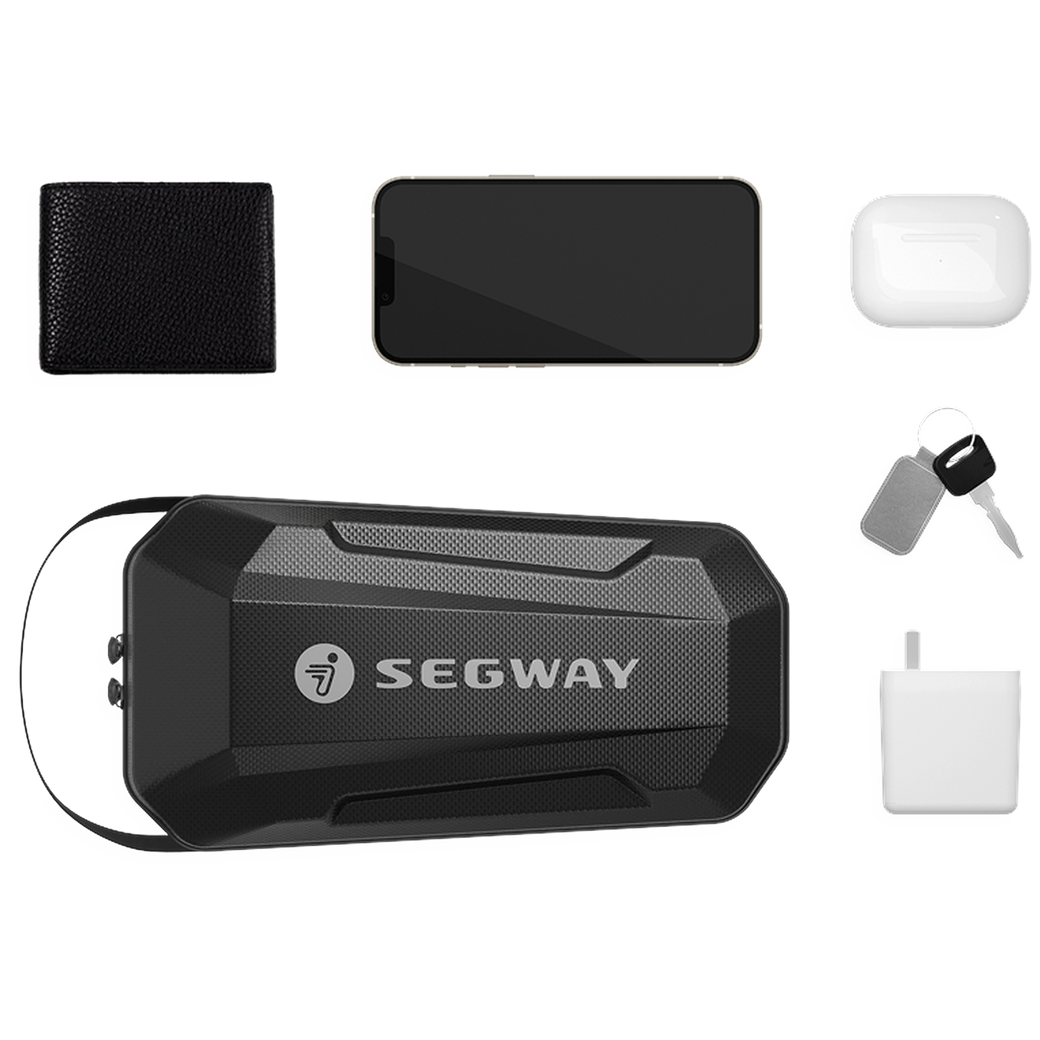 Zwarte portemonnee, smartphone, witte oordopjes, Segway-tas, sleutels en oplader.