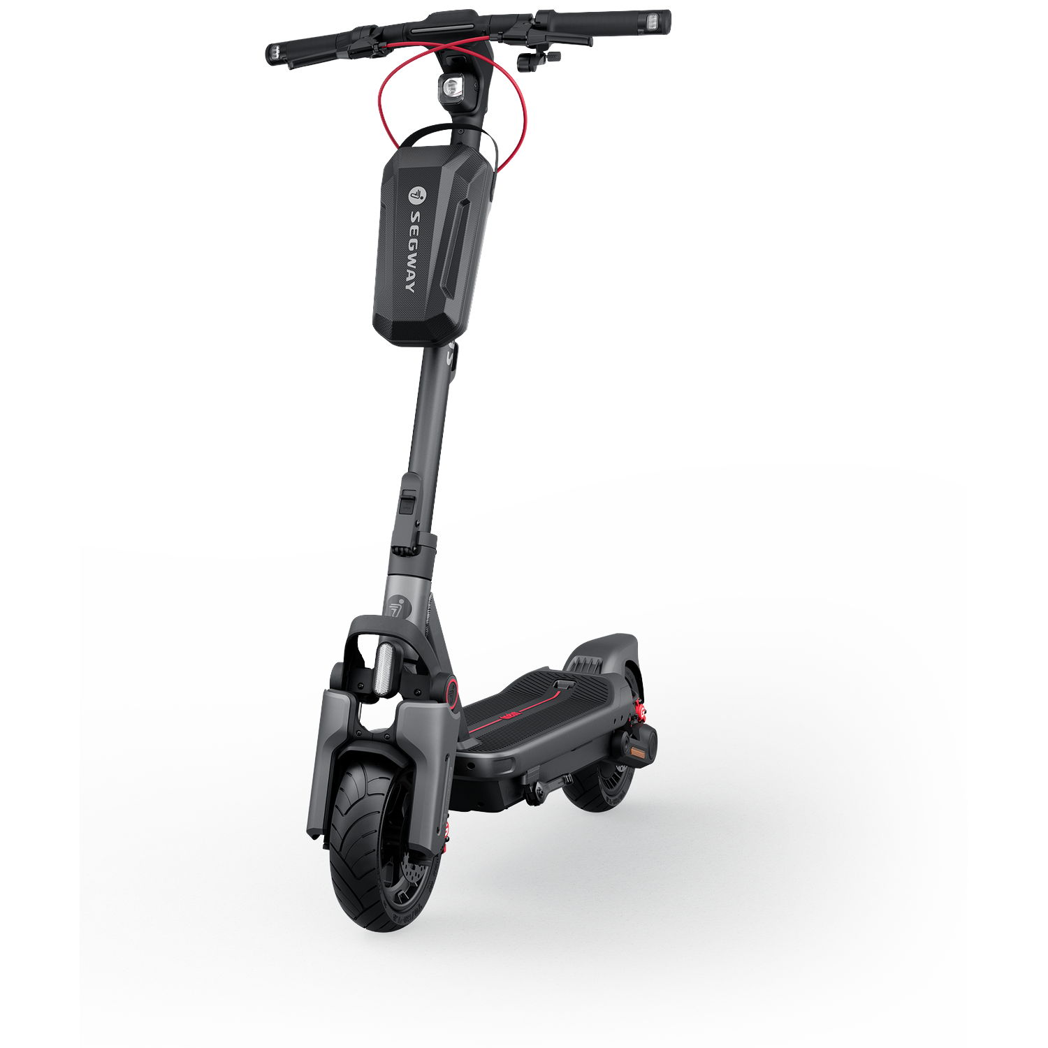 Een grijze elektrische scooter met rode accenten en een stuurtas.