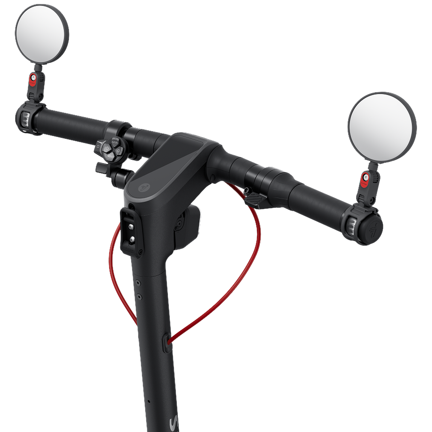 Zwart stepstuur met twee ronde spiegels en een rode kabel.