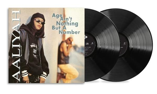 Albumcover mit Aaliyah und zwei Schallplatten. Text: Age Ain't Nothing But A Number.