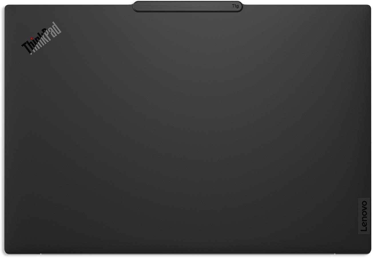 Fekete laptop ThinkPad és Lenovo logókkal. Felül T1g.