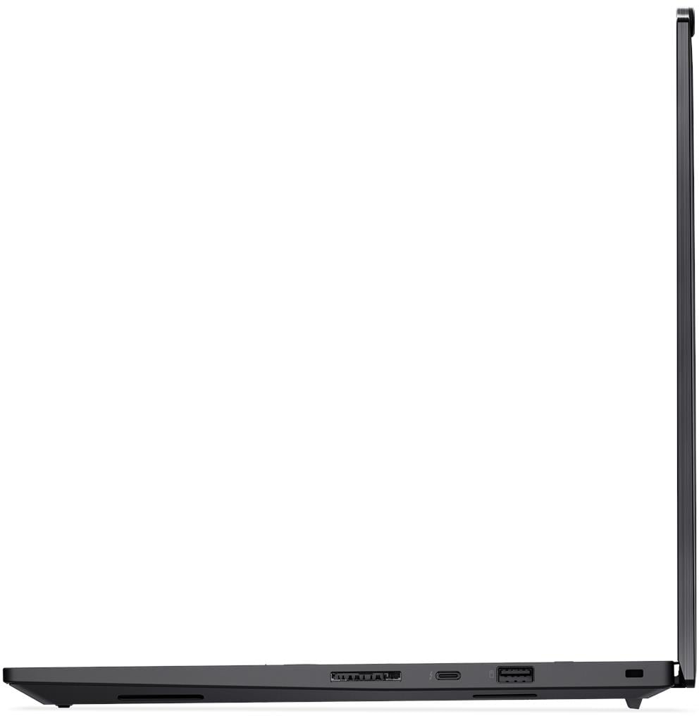Zárt fekete laptop oldalnézete, csatlakozókkal az oldalán.