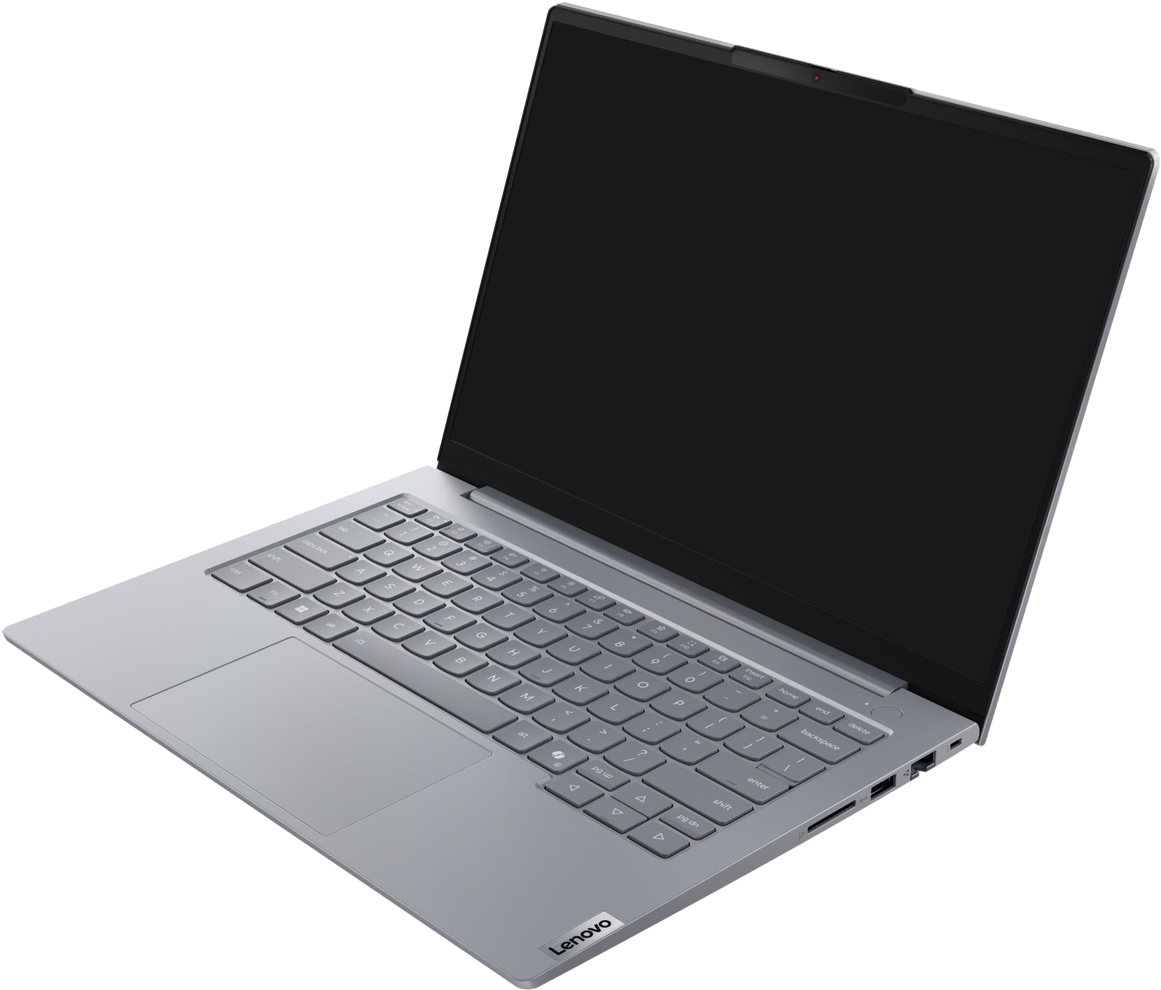 Egy ezüst Lenovo laptop nyitva van, fekete képernyővel és billentyűzettel. Felül webkamera látható.