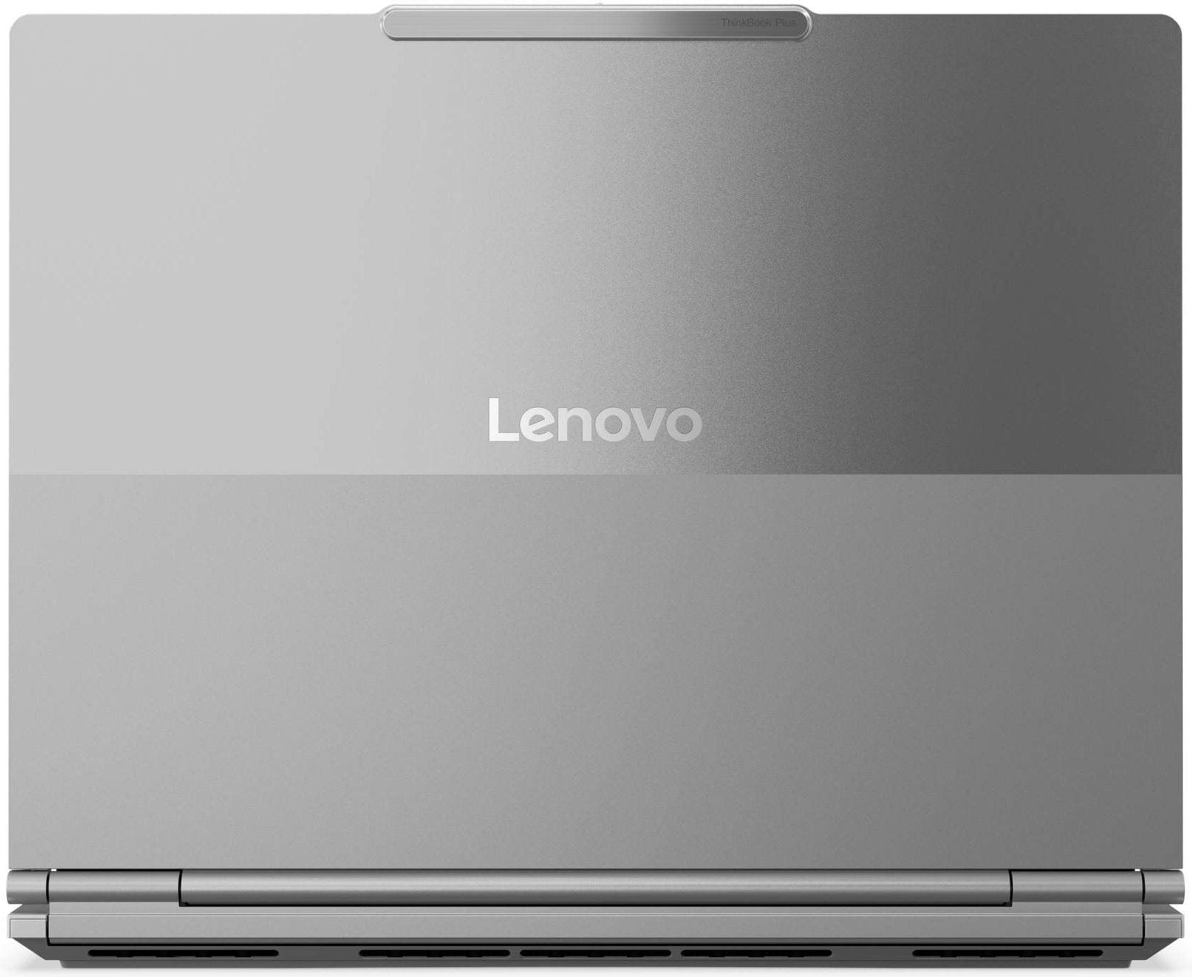Egy zárt, ezüst színű Lenovo laptop, felül ThinkBook Plus felirattal.