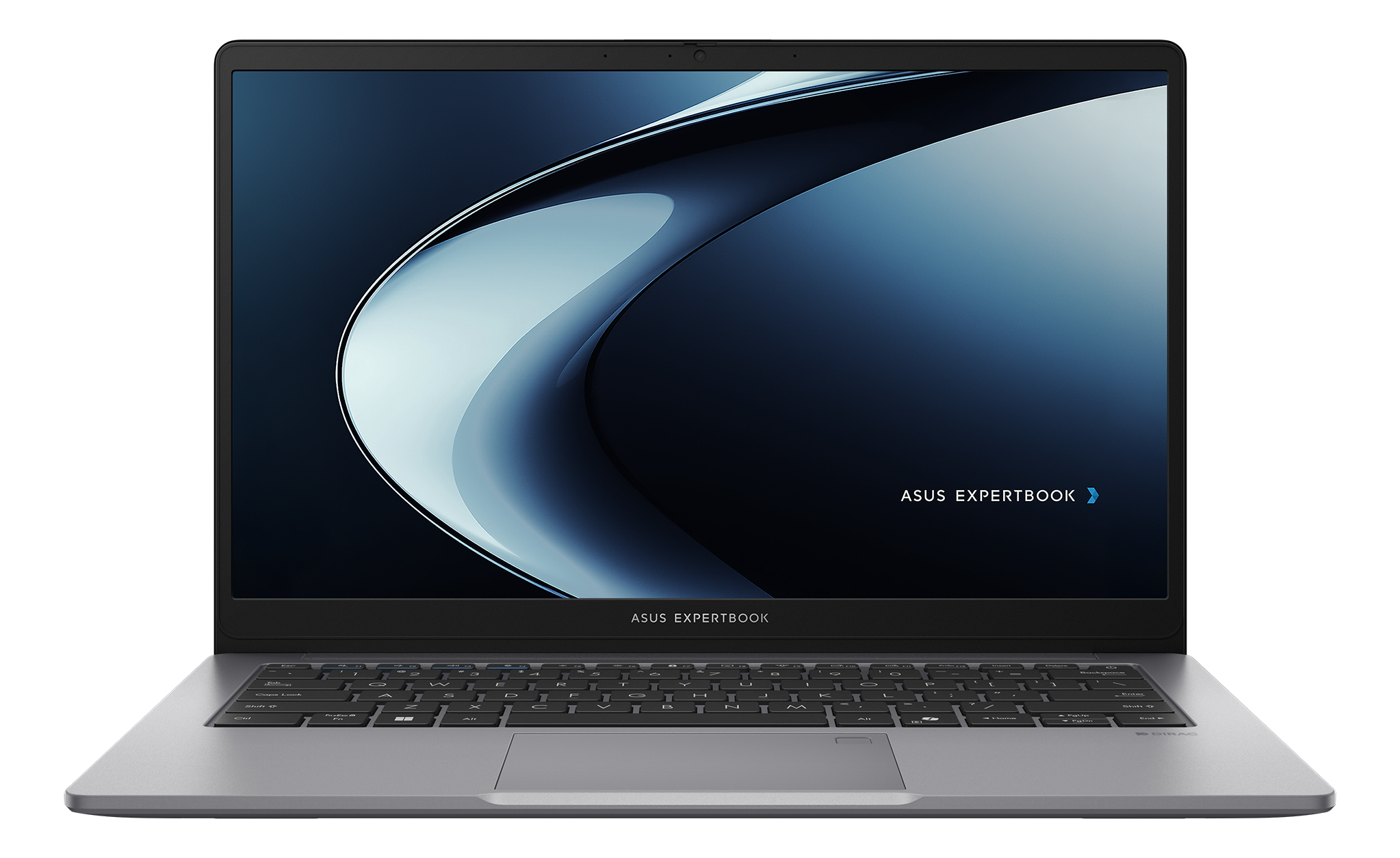 Un ordinateur portable ASUS ExpertBook argenté avec un design abstrait bleu sur l'écran.