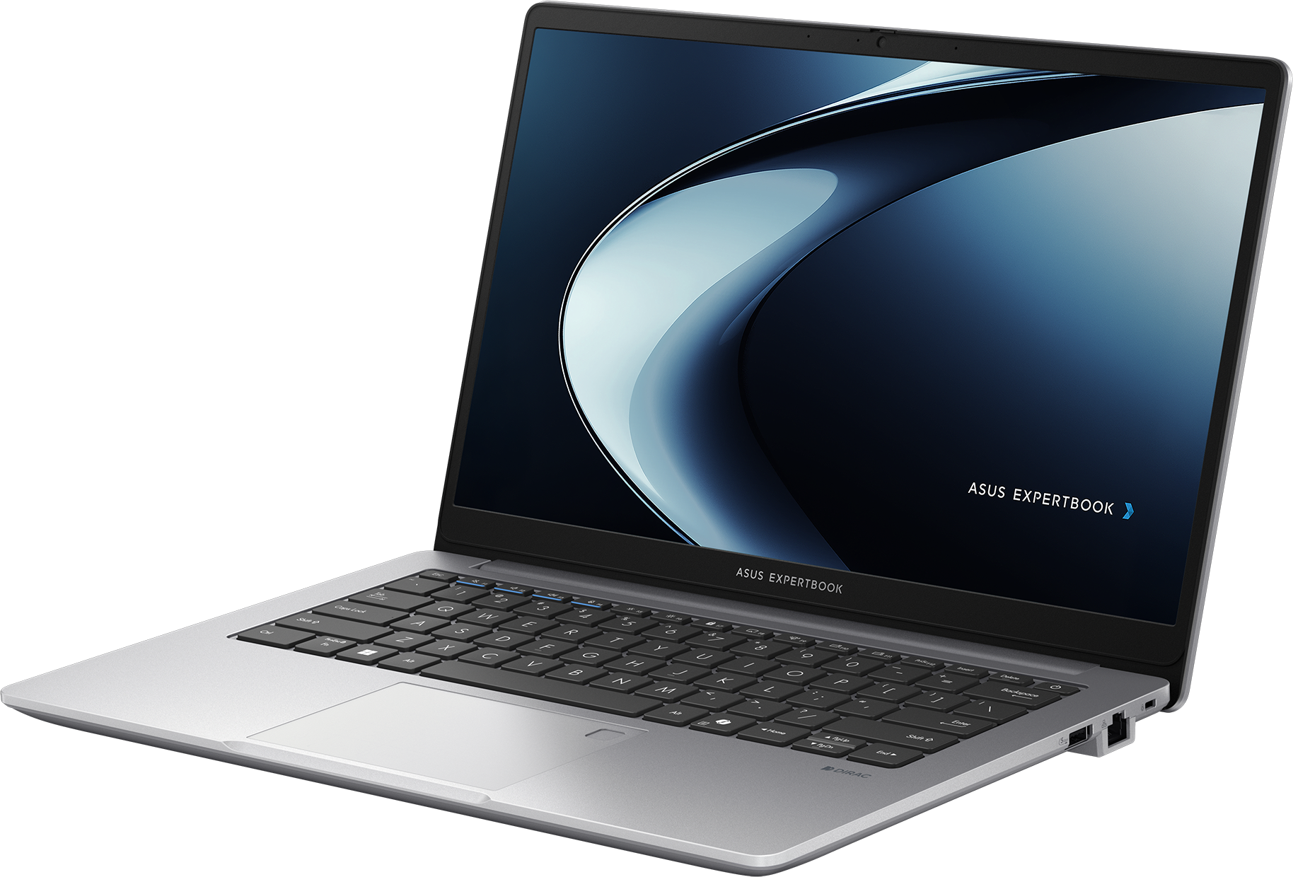 Un ordinateur portable Asus argenté avec clavier noir et fond d'écran bleu.