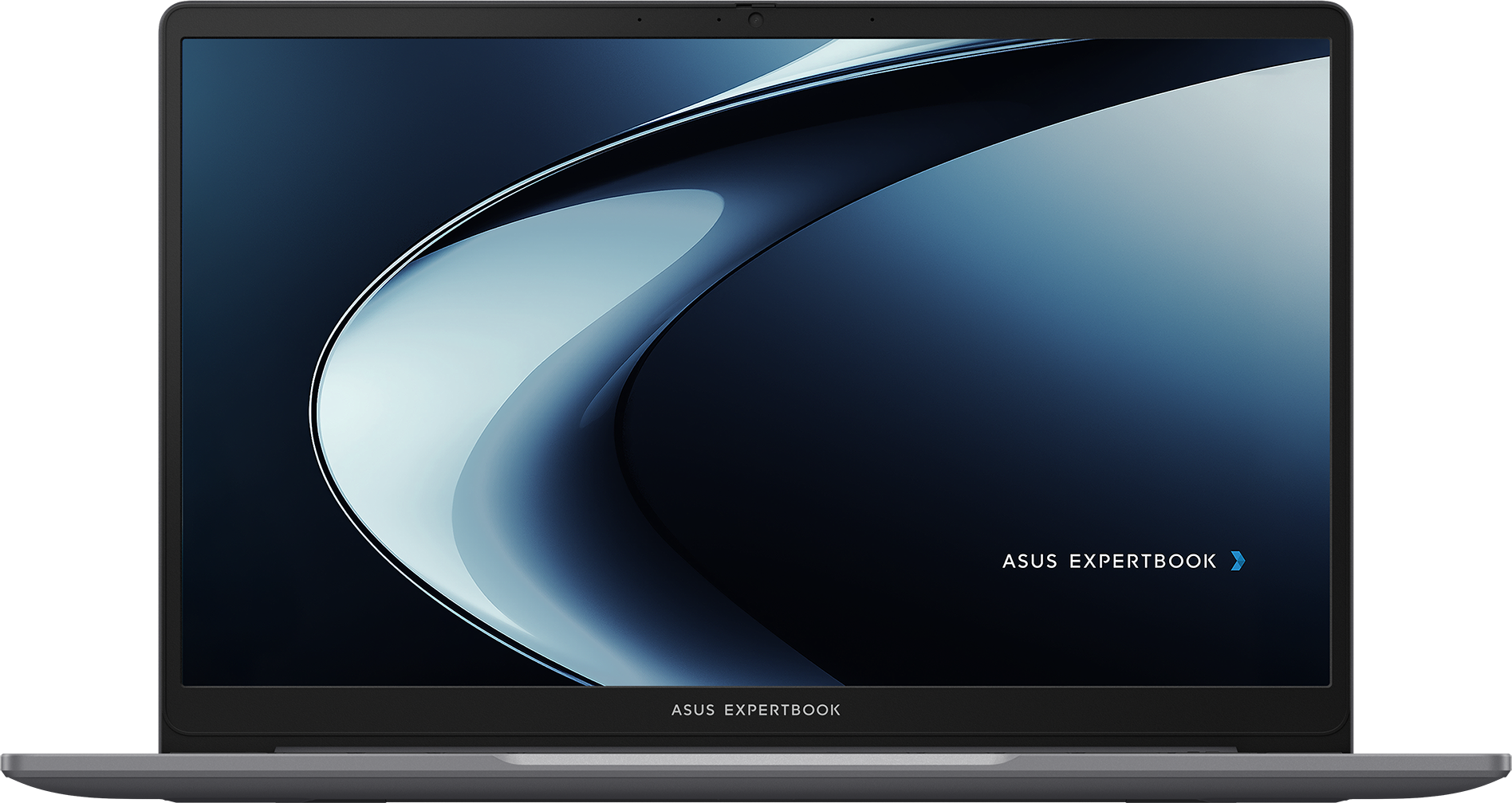 Un ordinateur portable ASUS ExpertBook gris sur fond bleu abstrait.