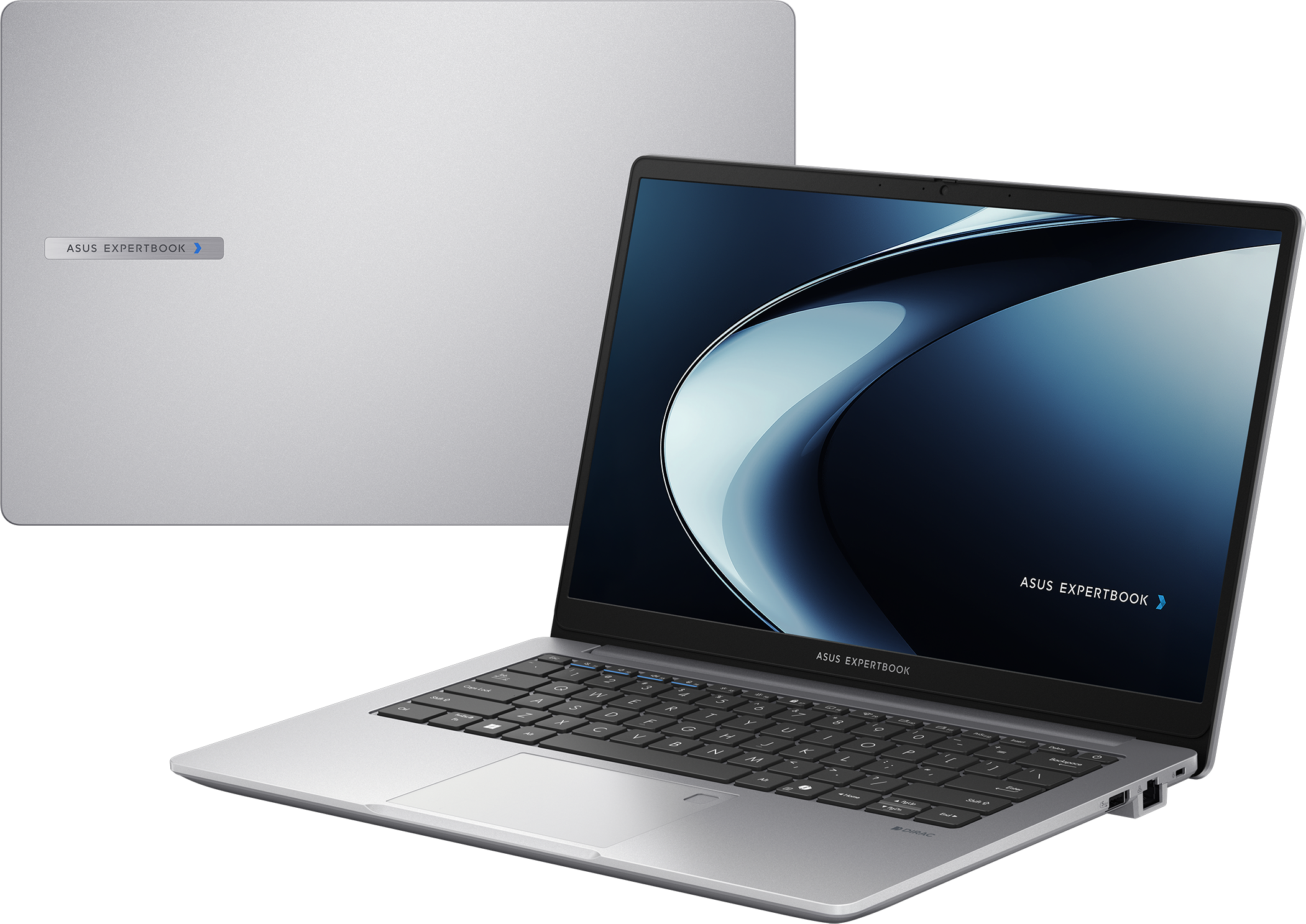 Un ordinateur portable Asus Expertbook argenté, ouvert et fermé, sur fond noir.