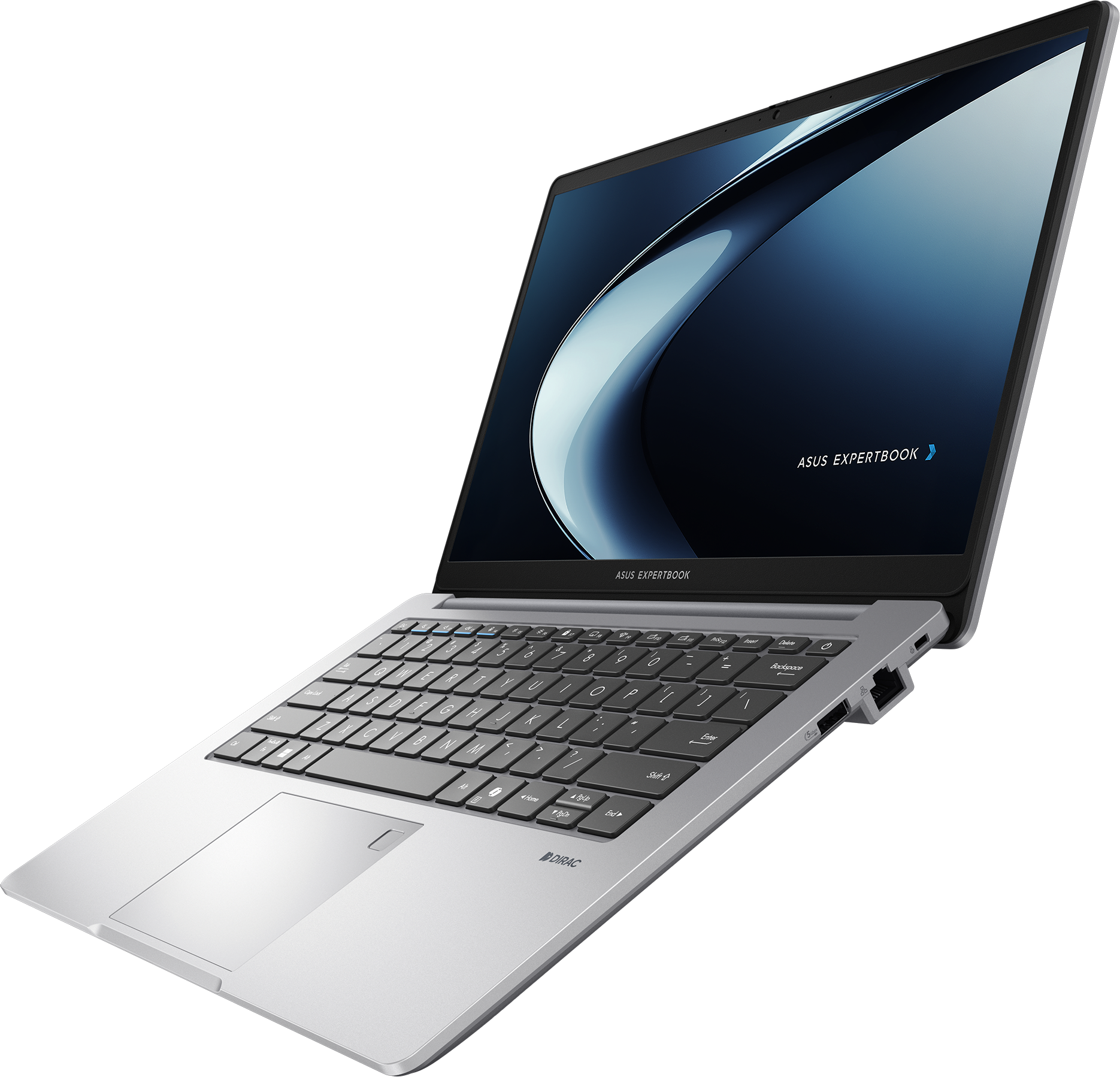 Un ordinateur portable Asus ExpertBook argenté avec clavier rétroéclairé, sur fond noir.