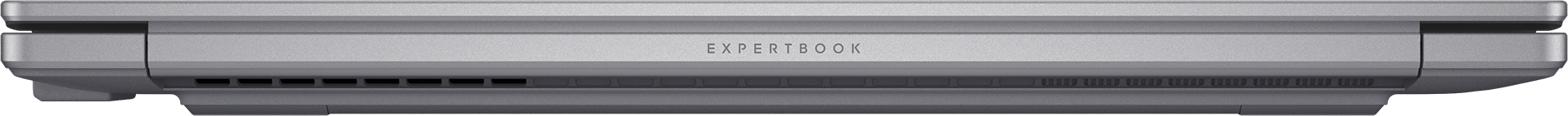 Un ordinateur portable argenté avec le texte EXPERTBOOK et des fentes d'aération.