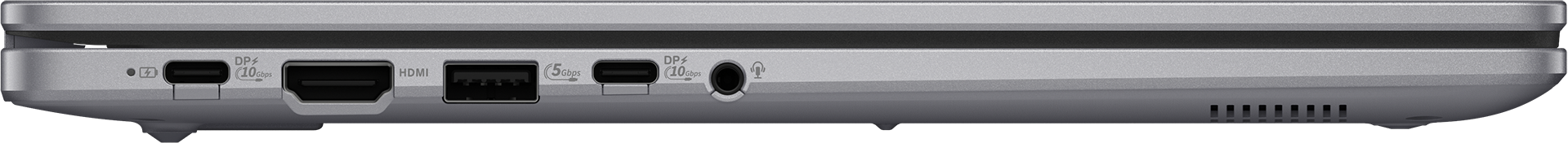 Ordinateur portable argenté avec USB-C, HDMI, USB-A et prise casque.