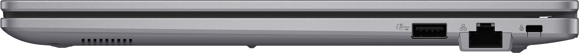 Gros plan du côté d'un ordinateur portable montrant des évents, un port USB et un port Ethernet.