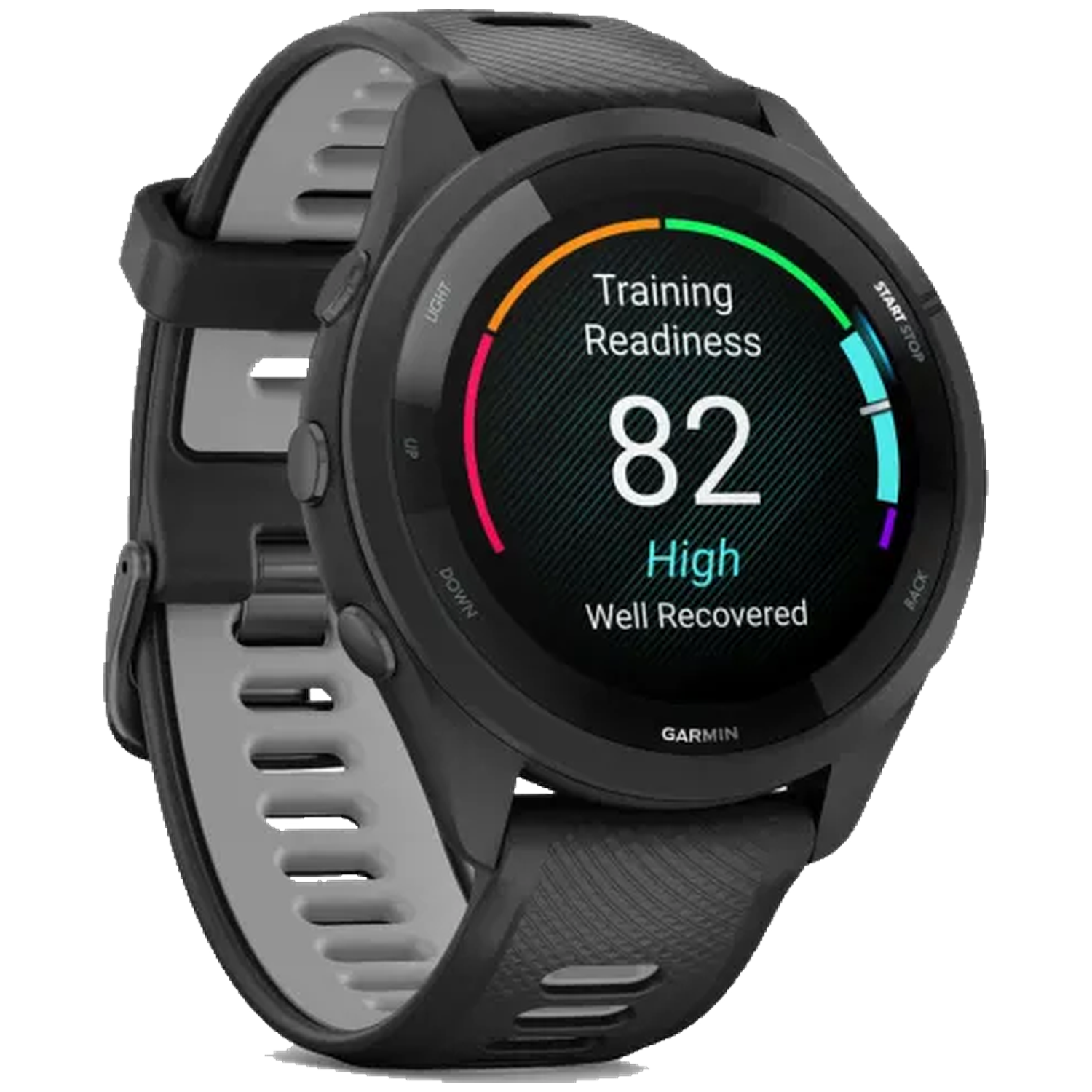 Zwarte Garmin horloge toont Trainingsgereedheid 82, Hoog, Goed Hersteld.