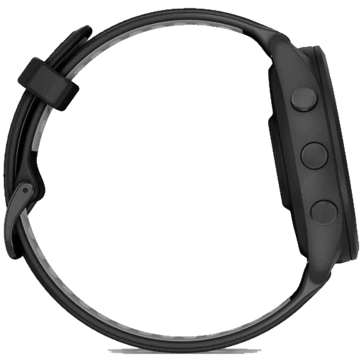 Zwarte smartwatch met drie knoppen aan de zijkant en een bandje.
