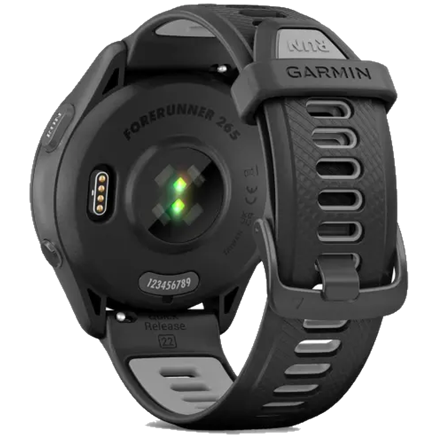 Achterkant van een zwarte Garmin Forerunner 265 smartwatch met hartslagsensor.