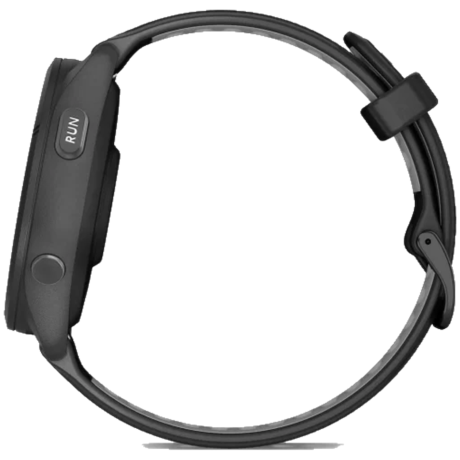 Een zwarte smartwatch met 'RUN'-knop en bandje, van de zijkant gezien.