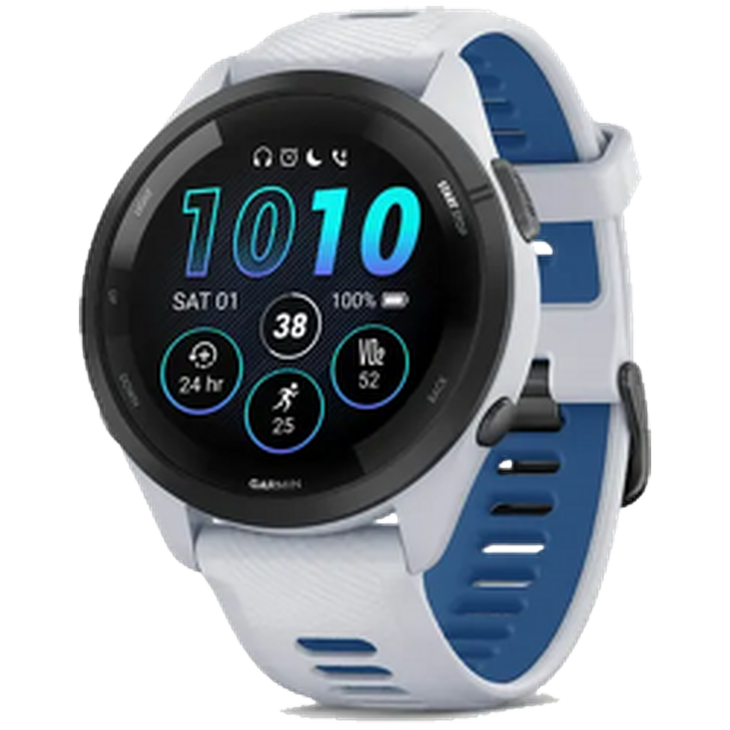 Wit Garmin horloge met blauwe binnenband, toont tijd en fitnessgegevens.