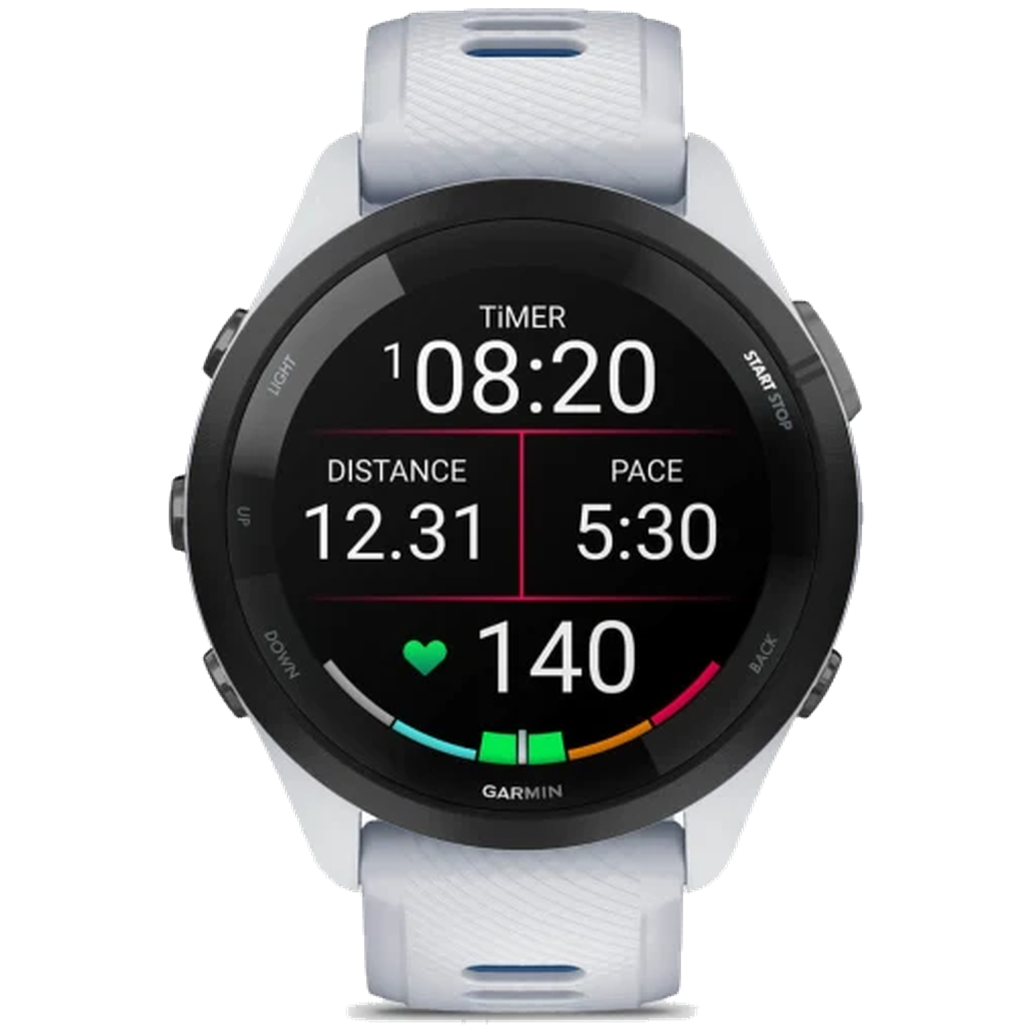 Een witte Garmin smartwatch toont timer, afstand, tempo en hartslag.
