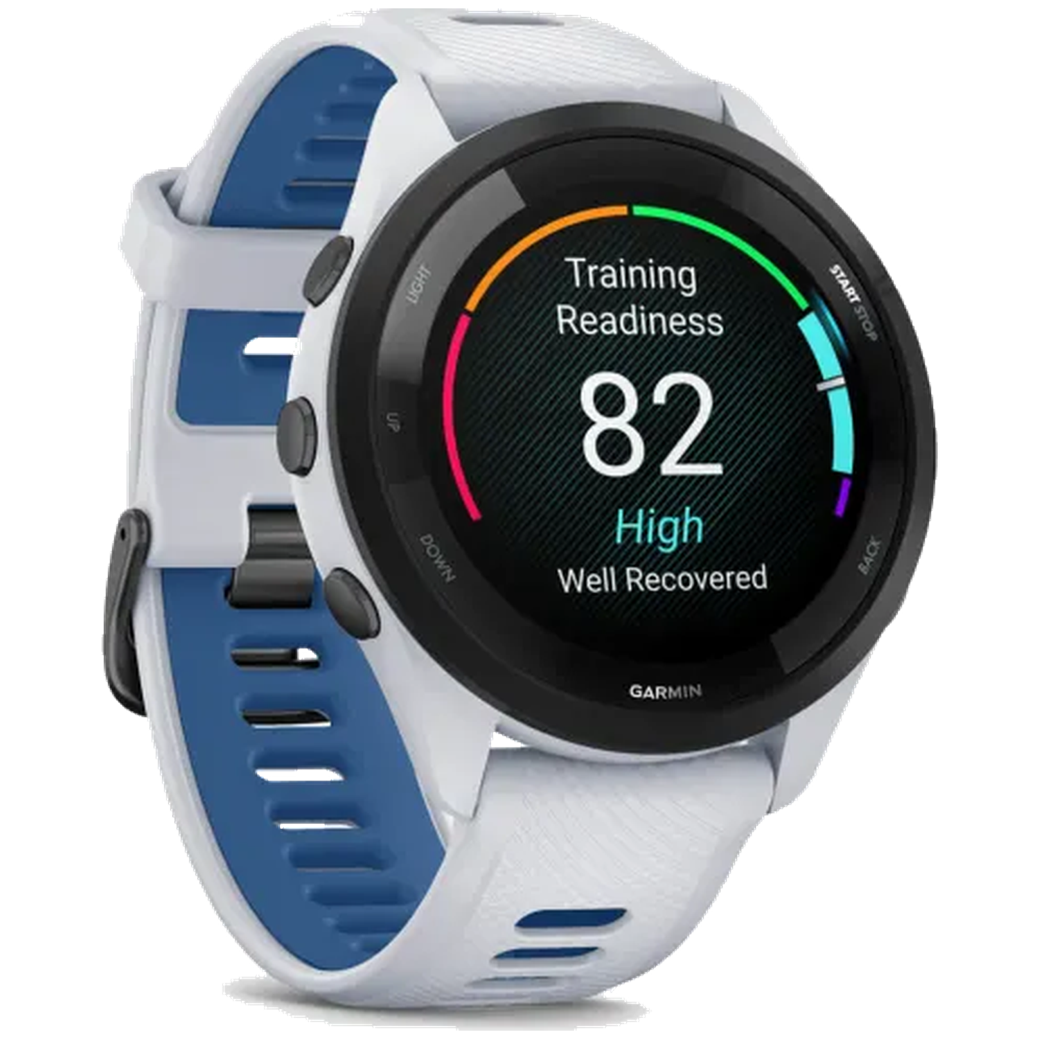 Een witte Garmin smartwatch met blauwe band toont een trainingsbereidheidsscore van 82.